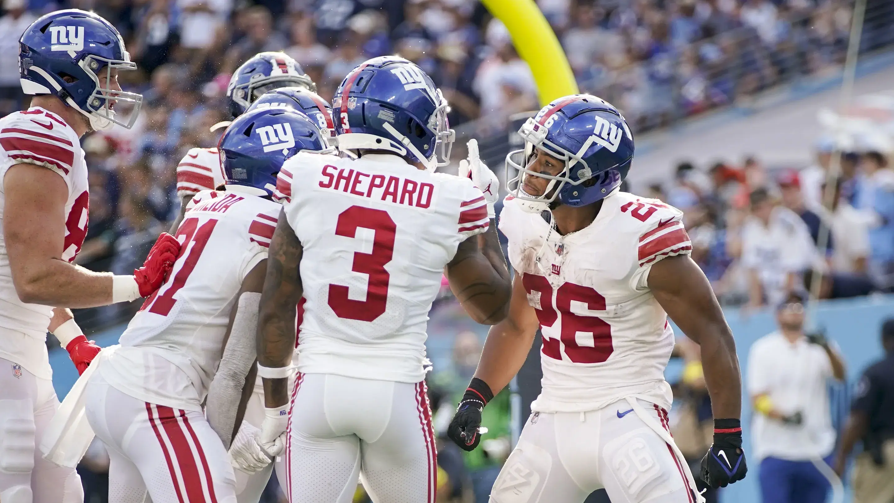 Sep 11, 2022; Nashville, Tennessee, USA; New York Giants running back Saquon Barkley (26) celebrates after running in a touchdown during the third quarter at Nissan Stadium. Mandatory Credit: Andrew Nelles-USA TODAY Sports / © Andrew Nelles-USA TODAY Sports