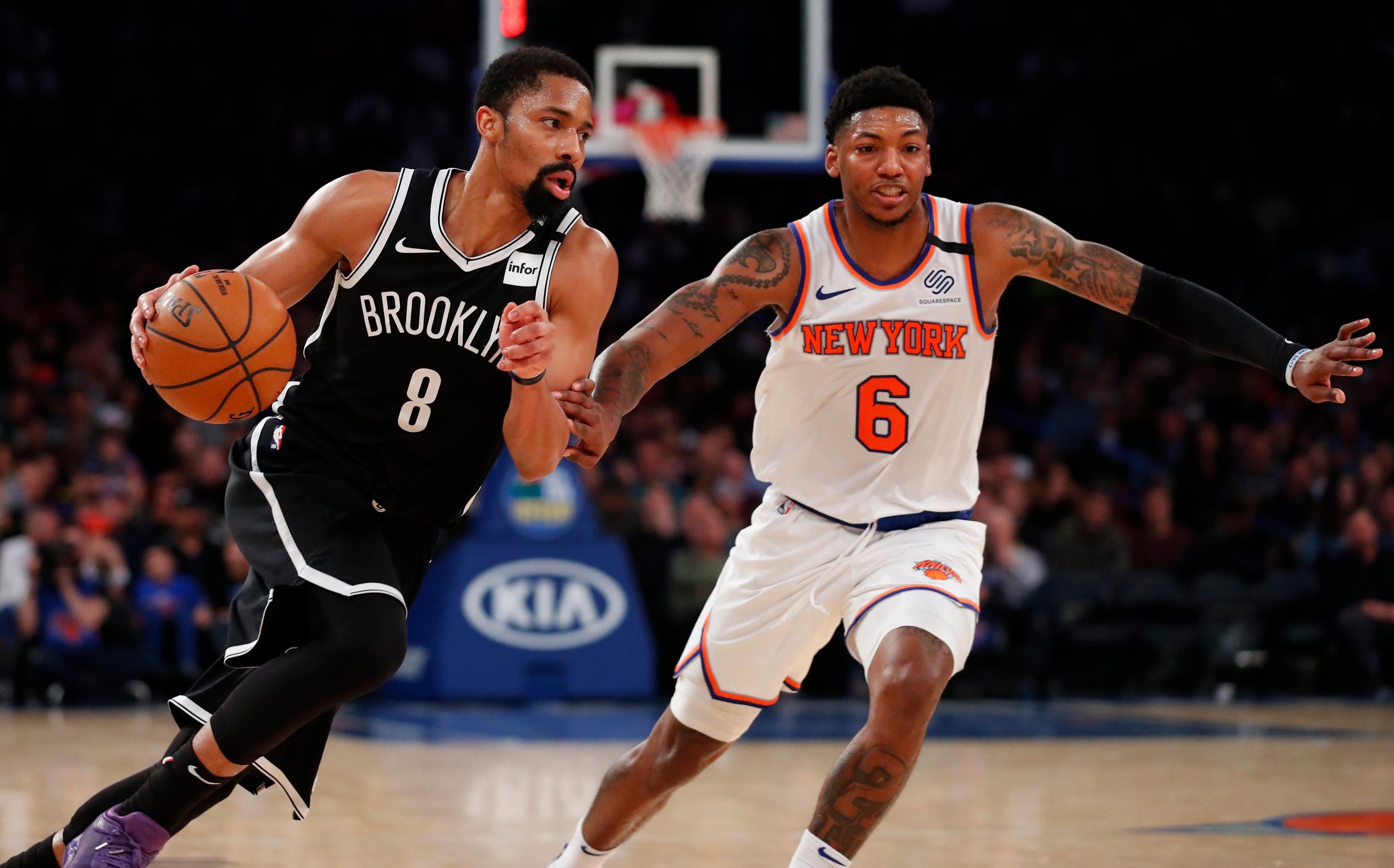 Jan 26, 2020; New York, New York, USA; Brooklyn Nets guard Spencer Dinwiddie (8) drives to the basket against New York Knicks guard Elfrid Payton (6) during the second half at Madison Square Garden. Mandatory Credit: Noah K. Murray-USA TODAY Sports / Noah K. Murray