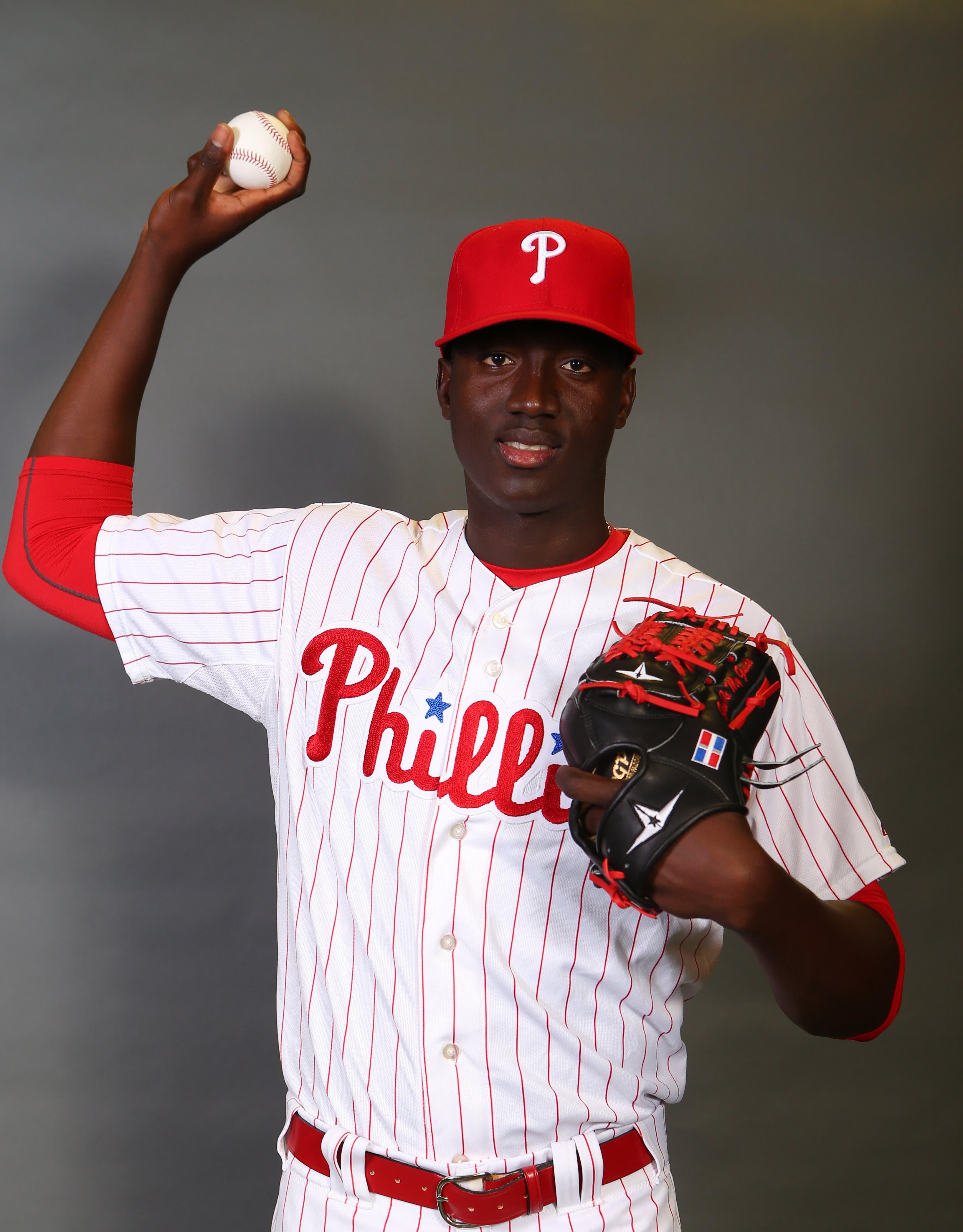 Feb 20, 2018; Clearwater, FL, USA; Philadelphia Phillies relief pitcher Franklyn Kilome (66) poses for a photo during media day at Brighthouse Field. Mandatory Credit: Butch Dill-USA TODAY Sports / Butch Dill