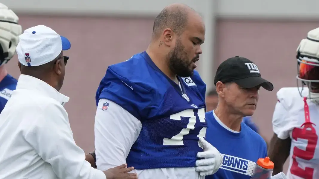 East Rutherford, NJ -- July 24, 2024 -- Left tackle, Jermaine Eluemunor left practice with and injury during the first day of training camp for the 2024 New York Giants.