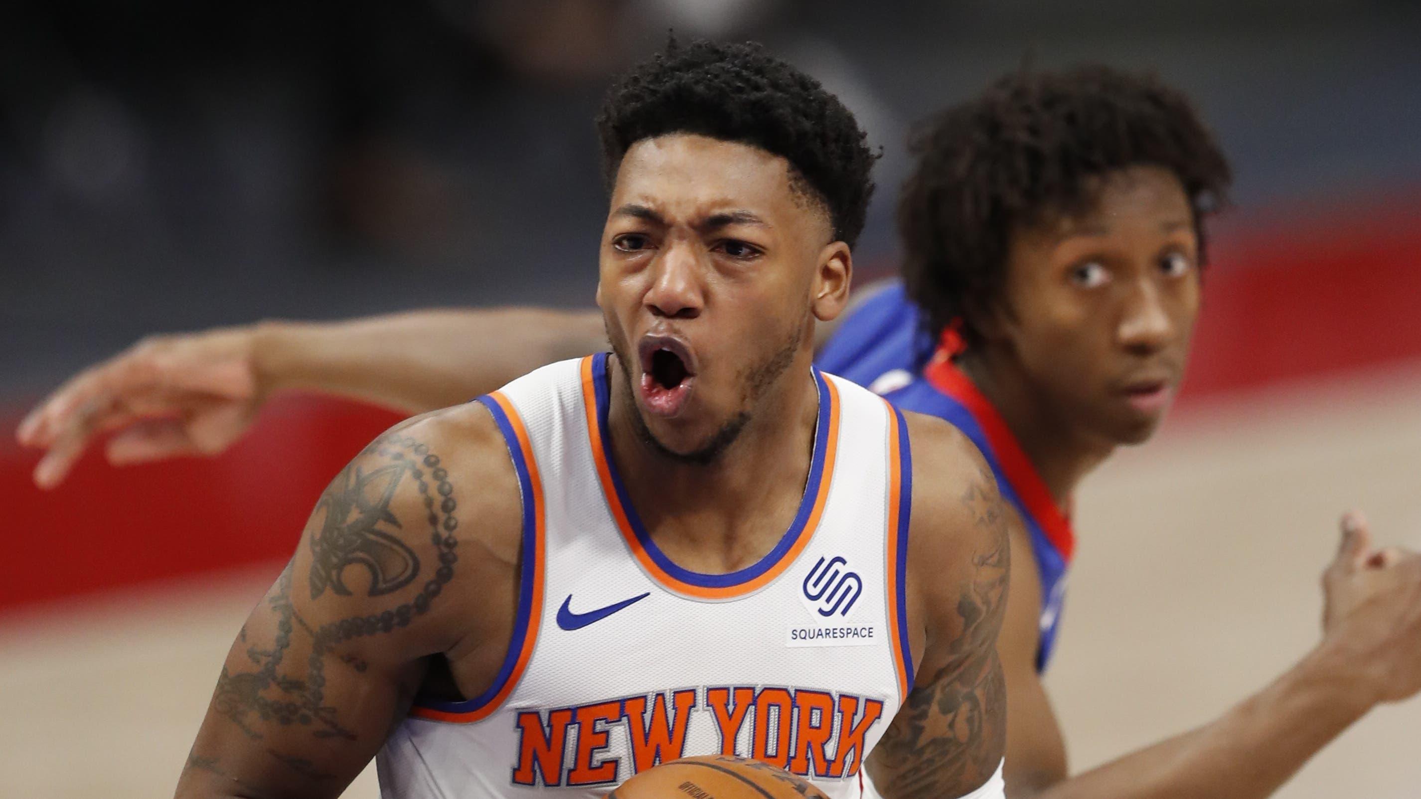 Apr 3, 2021; Detroit, Michigan, USA; New York Knicks guard Elfrid Payton (6) dribbles by Detroit Pistons guard Saben Lee (38) during the first quarter at Little Caesars Arena. Mandatory Credit: Raj Mehta-USA TODAY Sports / © Raj Mehta-USA TODAY Sports