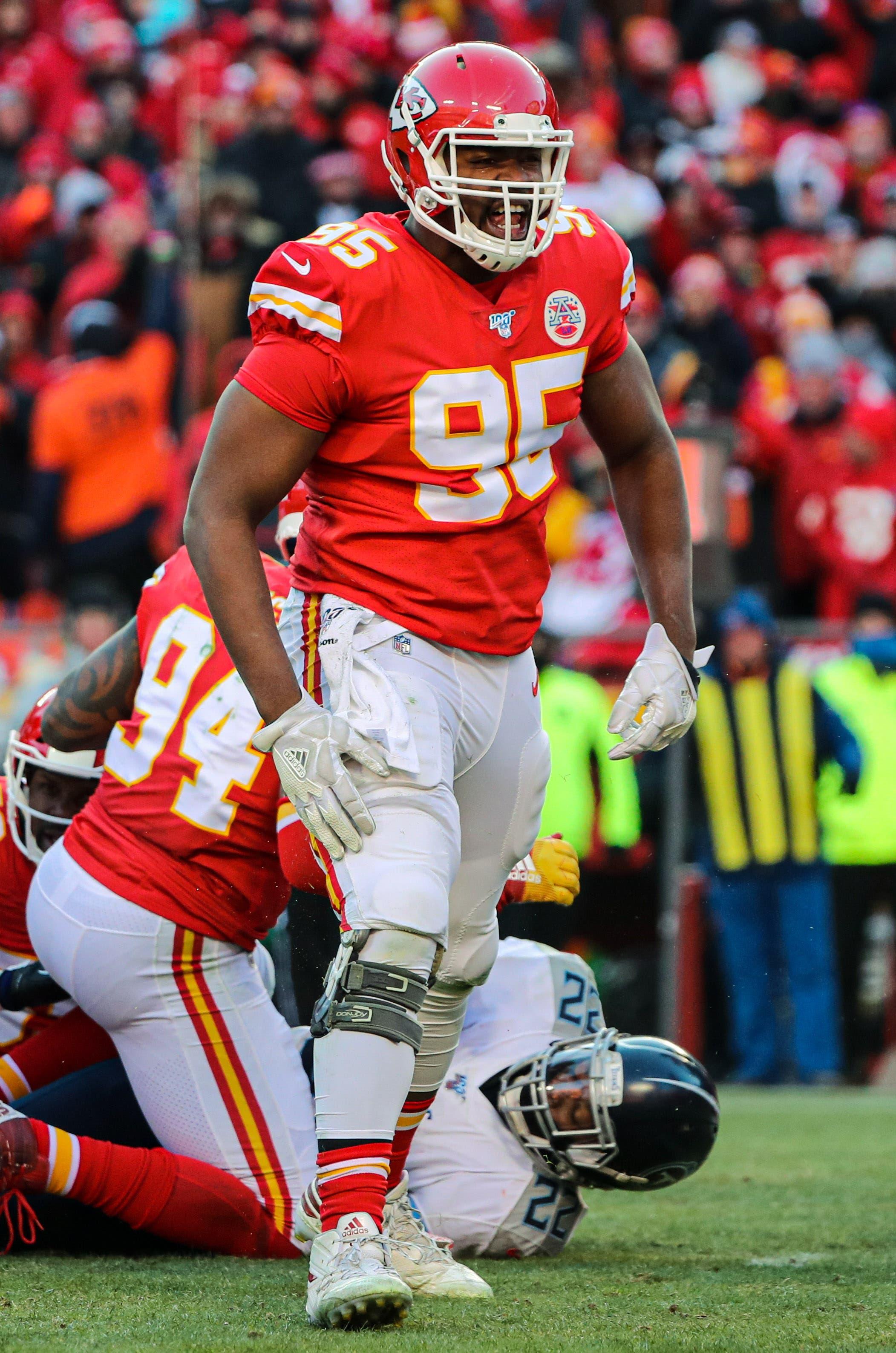 Jan 19, 2020; Kansas City, Missouri, USA; Kansas City Chiefs defensive end Chris JonesÂ (95) reacts after a play against the Tennessee Titans during the first half in the AFC Championship Game at Arrowhead Stadium. Mandatory Credit: Jay Biggerstaff-USA TODAY Sports / Jay Biggerstaff