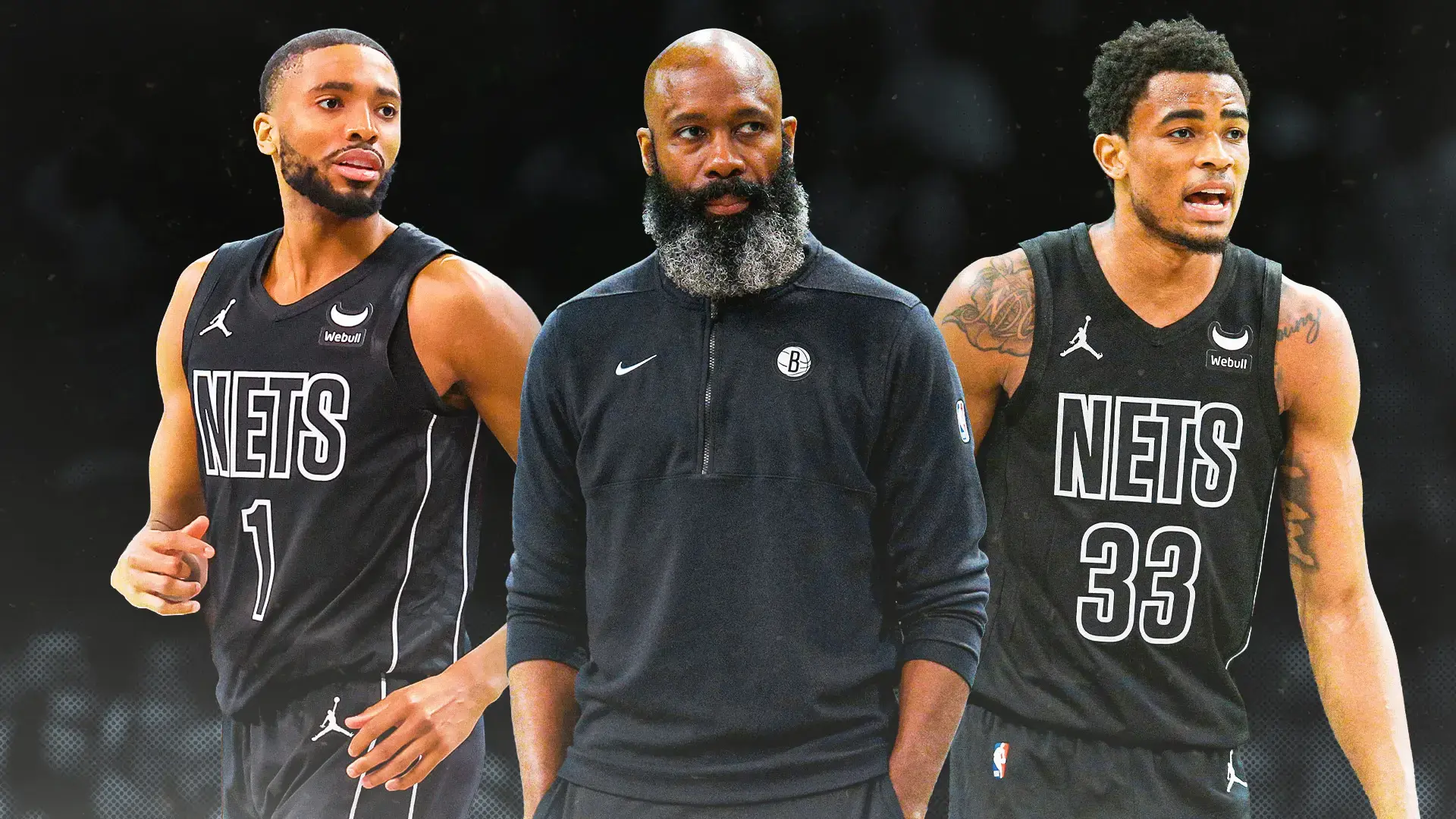 The Brookly Nets' Mikal Bridges, Jacque Vaughn, and Nic Claxton. / USA TODAY Sports/SNY Treated image