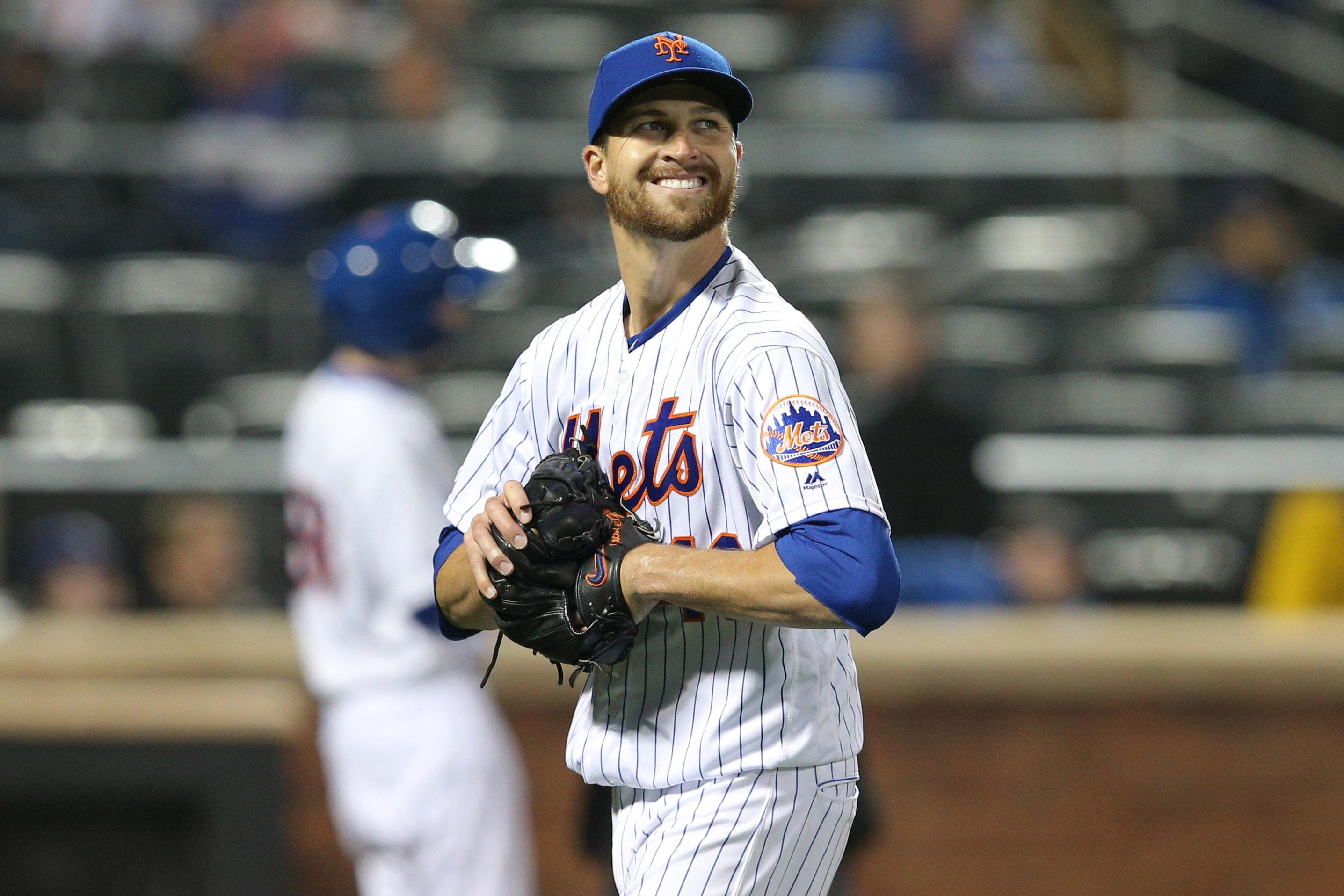 Apr 9, 2019; New York City, NY, USA; New York Mets starting pitcher Jacob deGrom (48) reacts during the second inning against the Minnesota Twins at Citi Field. Mandatory Credit: Brad Penner-USA TODAY Sports