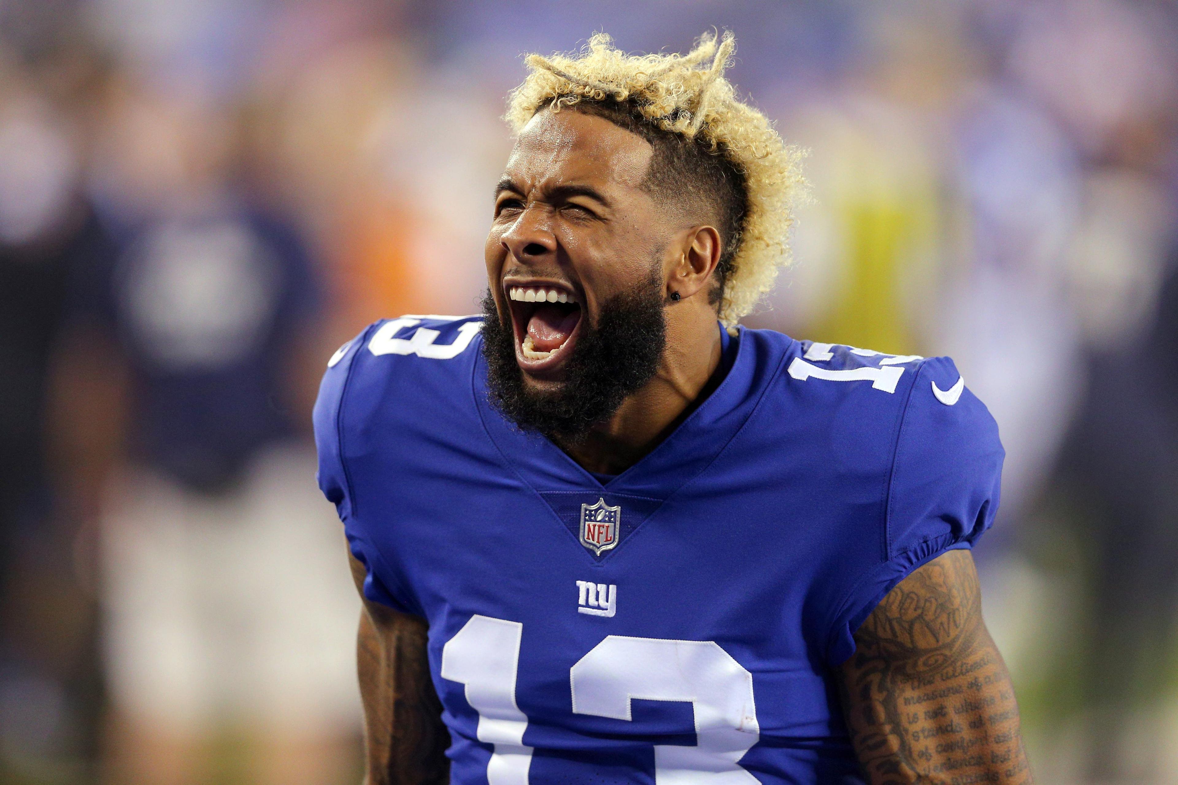 Sep 18, 2017; East Rutherford, NJ, USA; New York Giants wide receiver Odell Beckham Jr. (13) screams before a game against the Detroit Lions at MetLife Stadium. Mandatory Credit: Brad Penner-USA TODAY Sports / Brad Penner