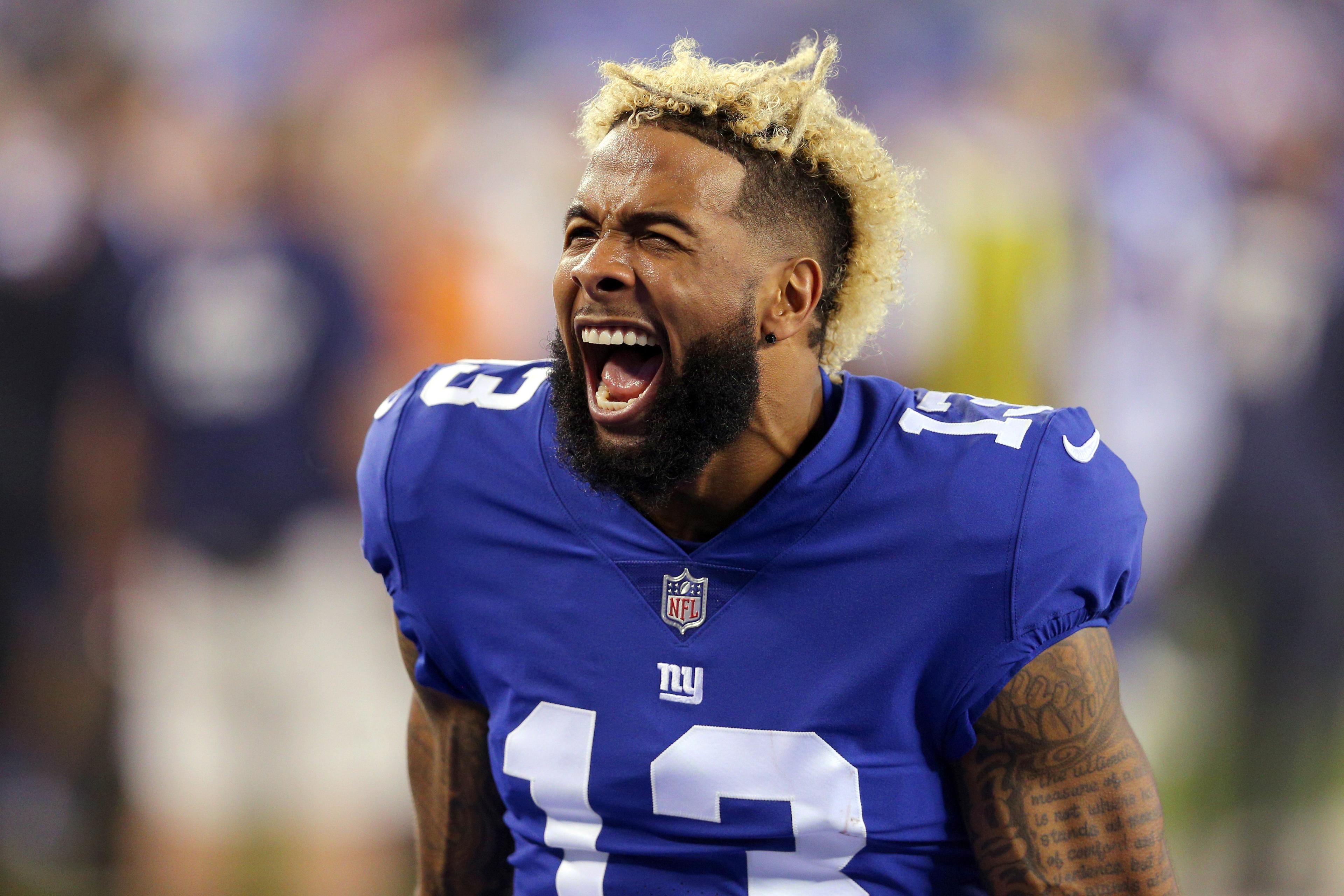 Sep 18, 2017; East Rutherford, NJ, USA; New York Giants wide receiver Odell Beckham Jr. (13) screams before a game against the Detroit Lions at MetLife Stadium. Mandatory Credit: Brad Penner-USA TODAY Sports