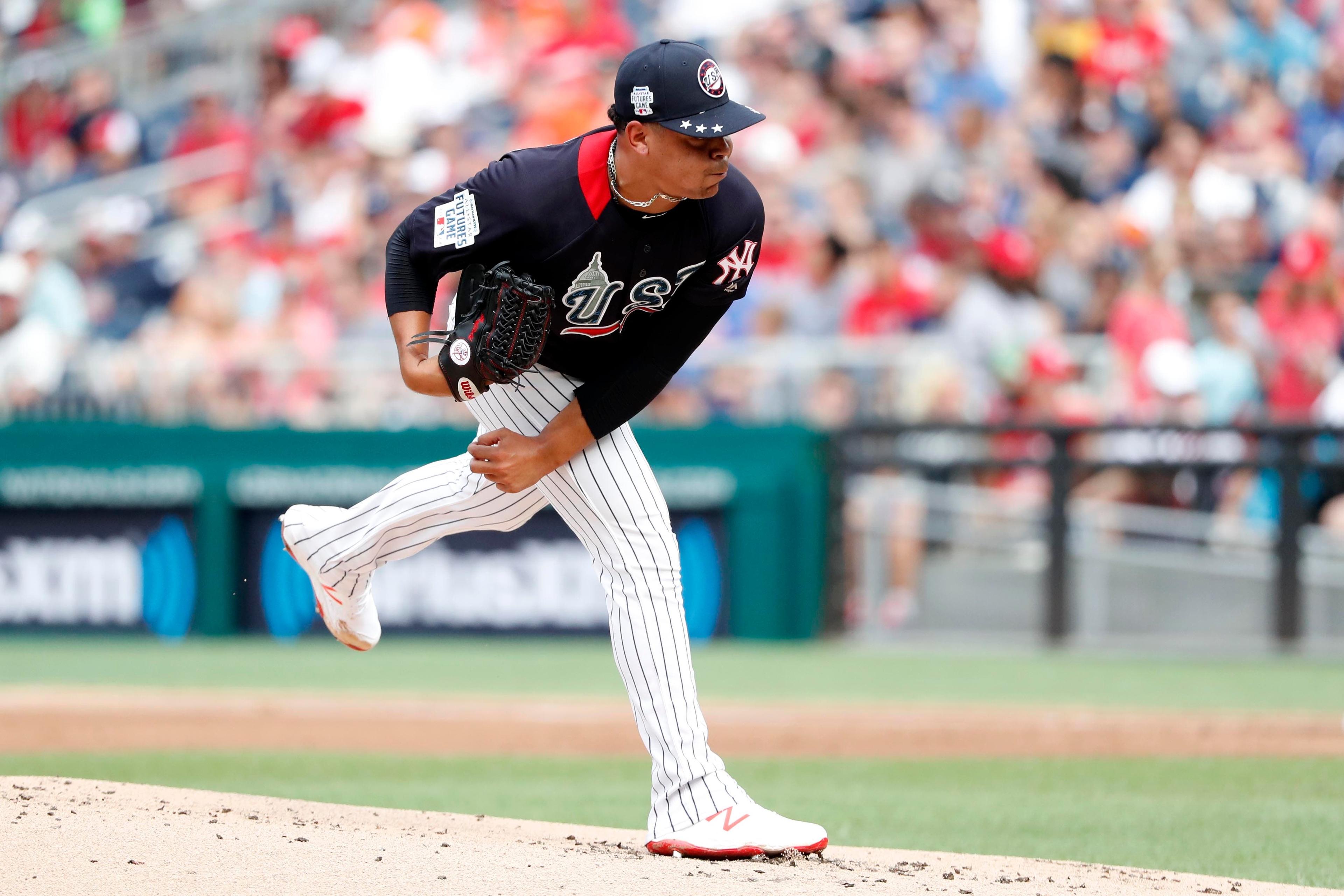 Jul 15, 2018; Washington, DC, USA; USA pitcher Justus Sheffield (4) pitches during the second inning against the World Team during the 2018 All Star Futures Game at Nationals Ballpark. Mandatory Credit: Geoff Burke-USA TODAY Sports / Geoff Burke