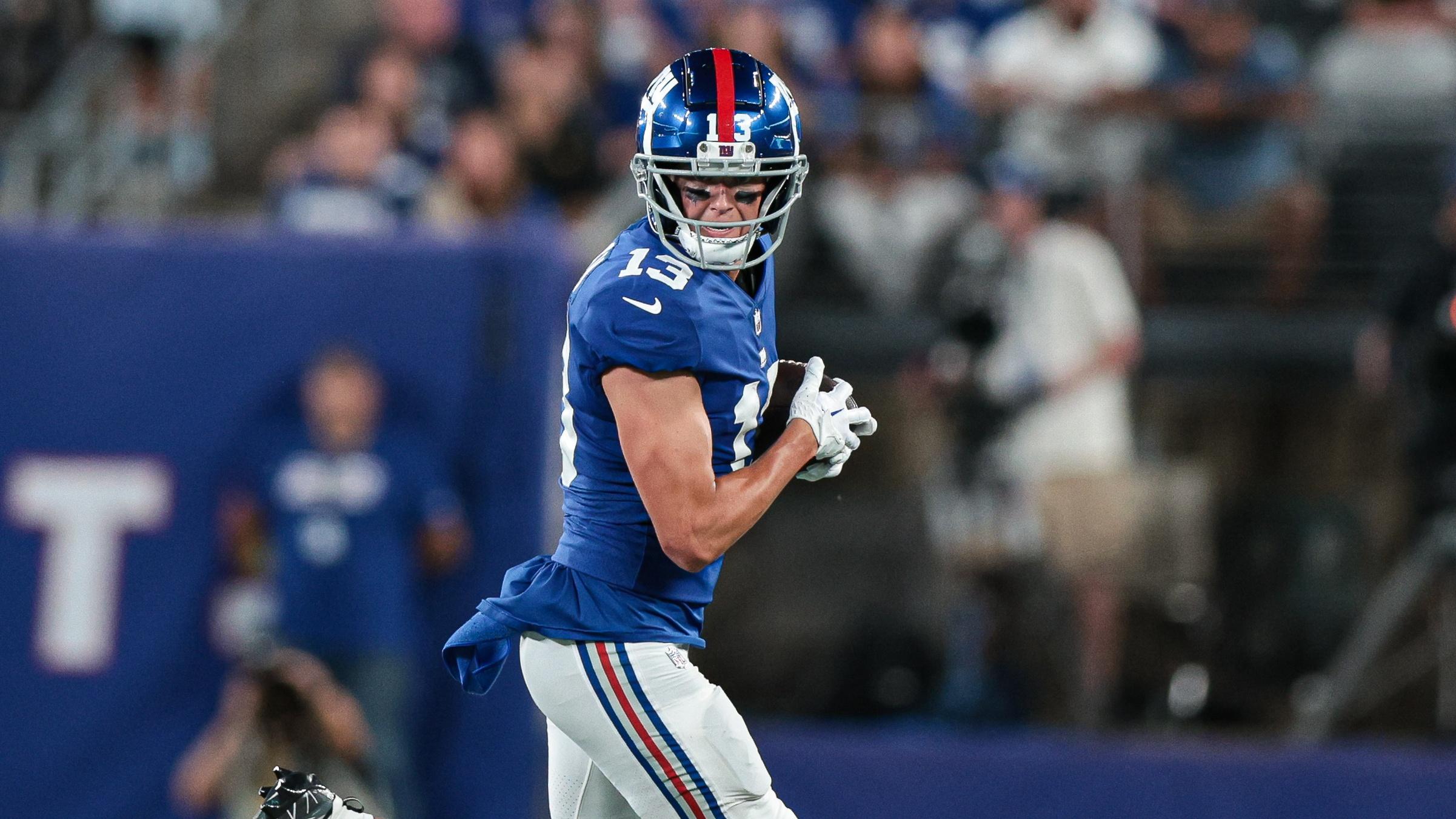 Aug 21, 2022; East Rutherford, New Jersey, USA; New York Giants wide receiver David Sills V (13) gains yards after the catch during the first half against the Cincinnati Bengals at MetLife Stadium. Mandatory Credit: Vincent Carchietta-USA TODAY Sports