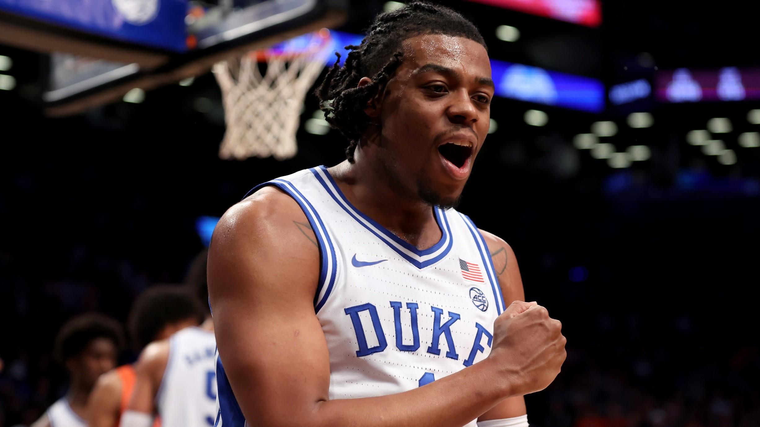 Mar 12, 2022; Brooklyn, NY, USA; Duke Blue Devils guard Trevor Keels (1) reacts during the second half of the ACC Men's Basketball Tournament final against the Virginia Tech Hokies at Barclays Center.