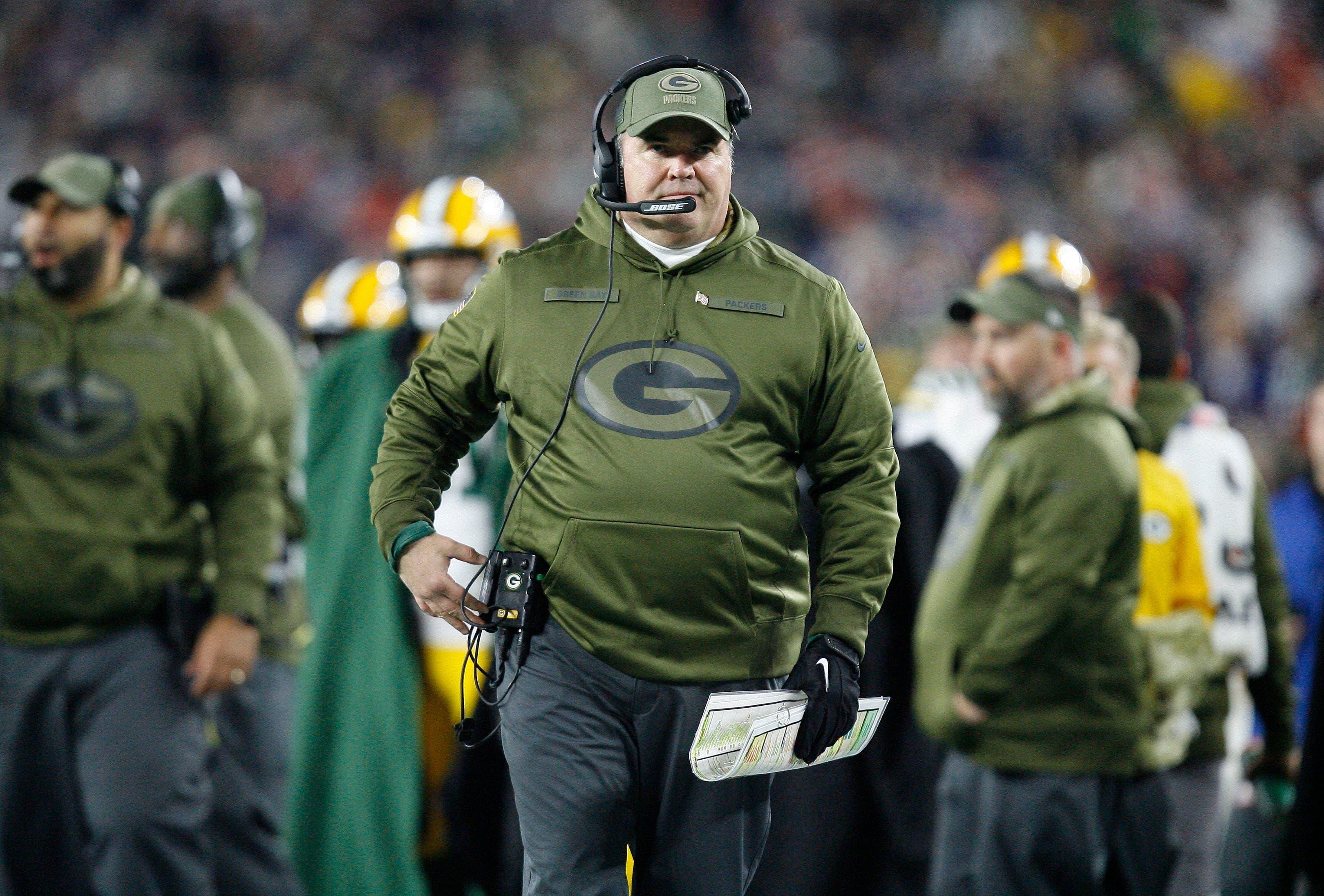 Nov 4, 2018; Foxborough, MA, USA; Green Bay Packers head coach Mike McCarthy on the sideline during the third quarter against the New England Patriots at Gillette Stadium. Mandatory Credit: Stew Milne-USA TODAY Sports / Stew Milne