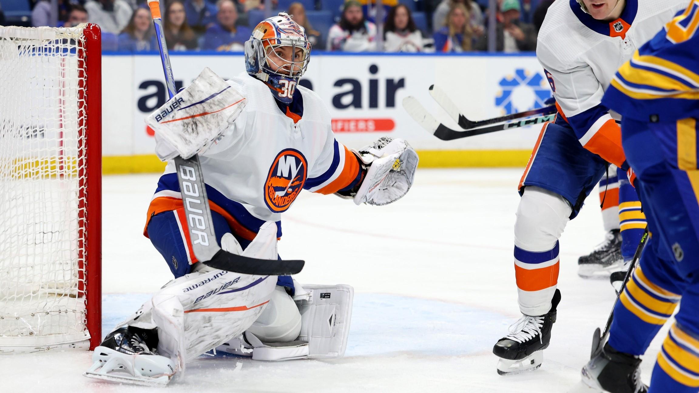 Mar 14, 2024; Buffalo, New York, USA; New York Islanders goaltender Ilya Sorokin (30) looks for the puck during the second period against the Buffalo Sabres at KeyBank Center. / Timothy T. Ludwig-USA TODAY Sports