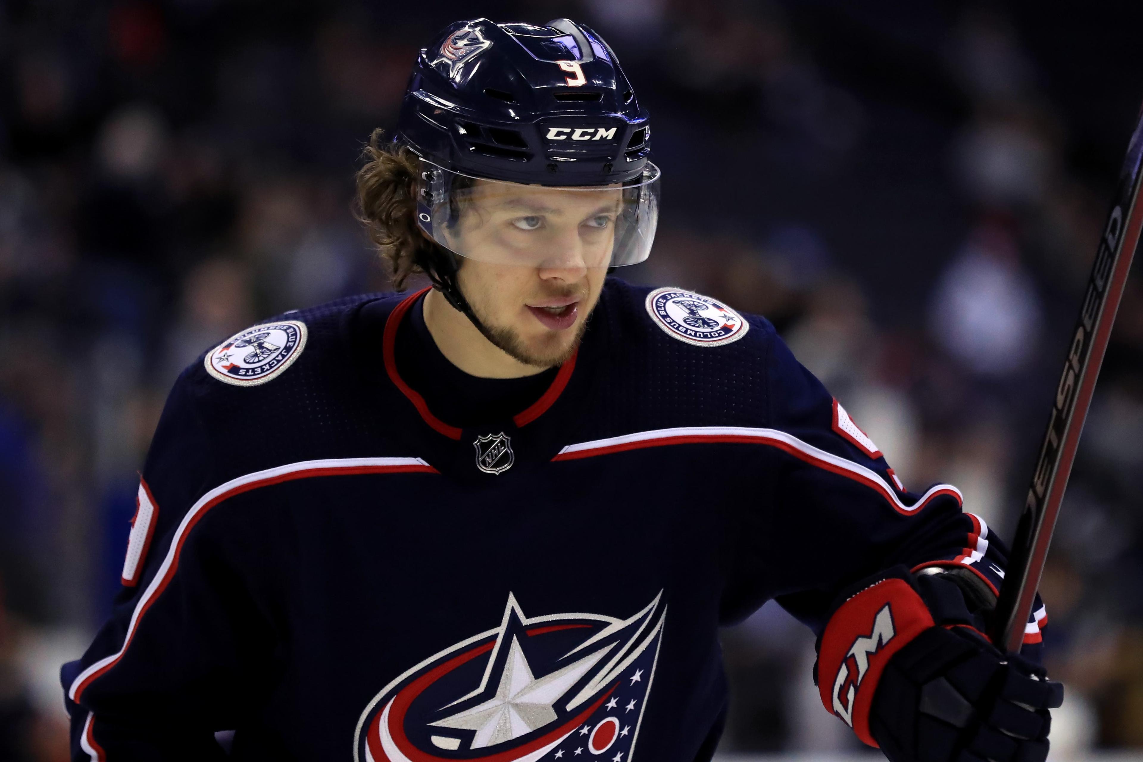 Feb 18, 2019; Columbus, OH, USA; Columbus Blue Jackets left wing Artemi Panarin (9) against the Tampa Bay Lightning at Nationwide Arena. Mandatory Credit: Aaron Doster-USA TODAY Sports / Aaron Doster