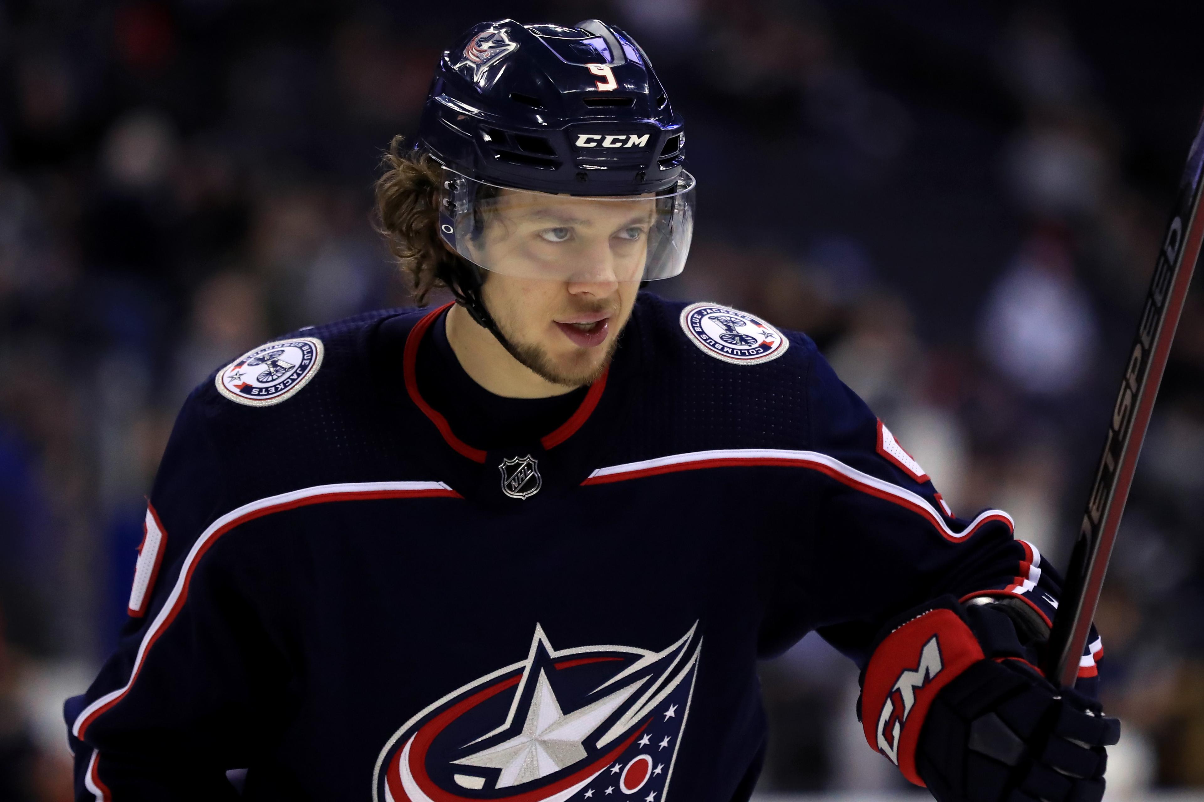 Feb 18, 2019; Columbus, OH, USA; Columbus Blue Jackets left wing Artemi Panarin (9) against the Tampa Bay Lightning at Nationwide Arena. Mandatory Credit: Aaron Doster-USA TODAY Sports