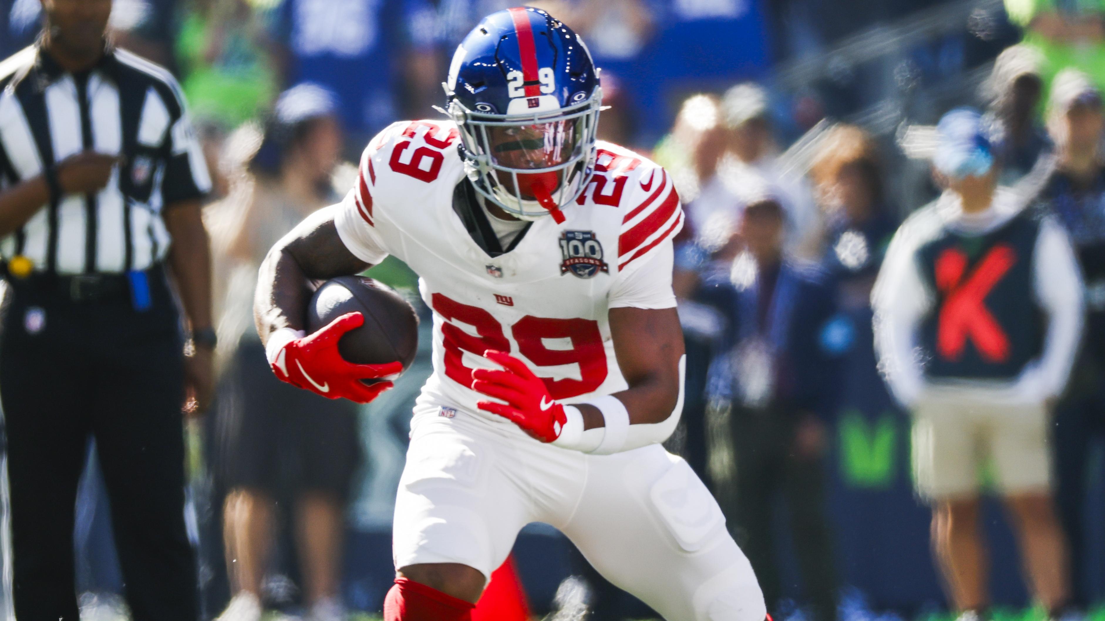 New York Giants running back Tyrone Tracy Jr. (29) rushes against the Seattle Seahawks during the first quarter at Lumen Field