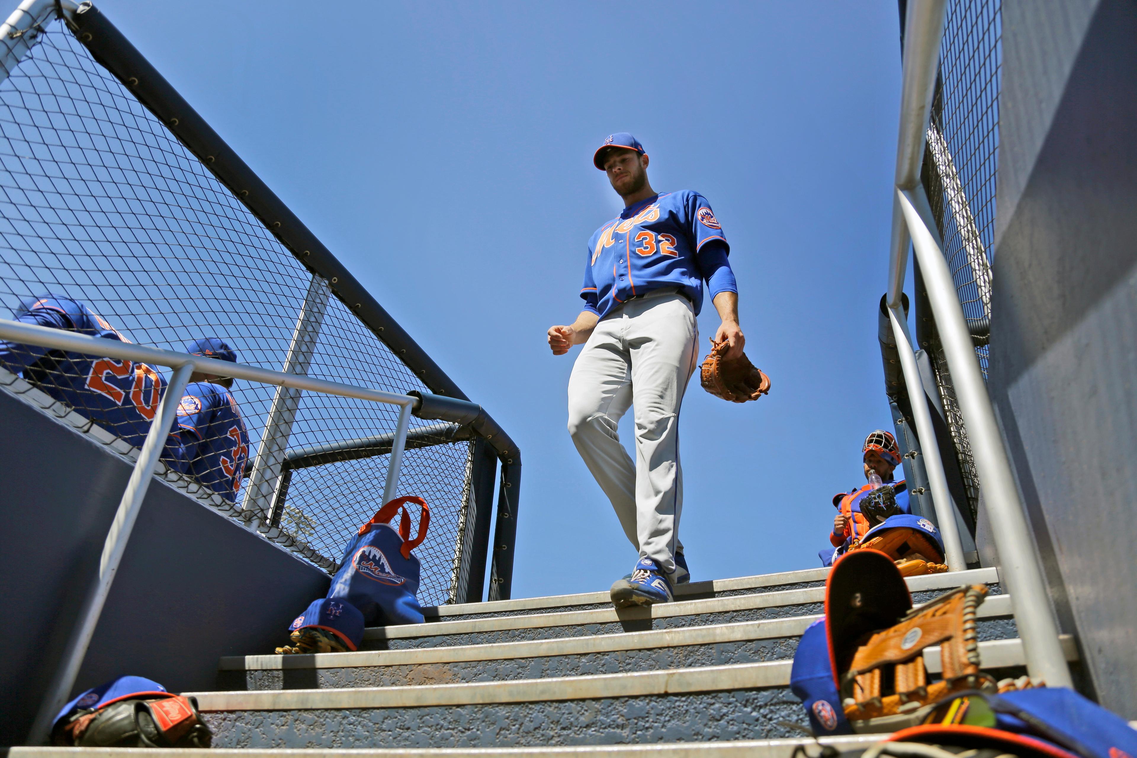 New York Mets pitcher Steven Matz walks down the dugout steps as he prepares to start a spring training baseball game against the Houston Astros Saturday, Feb. 29, 2020, in West Palm Beach, Fla. (AP Photo/Jeff Roberson) 