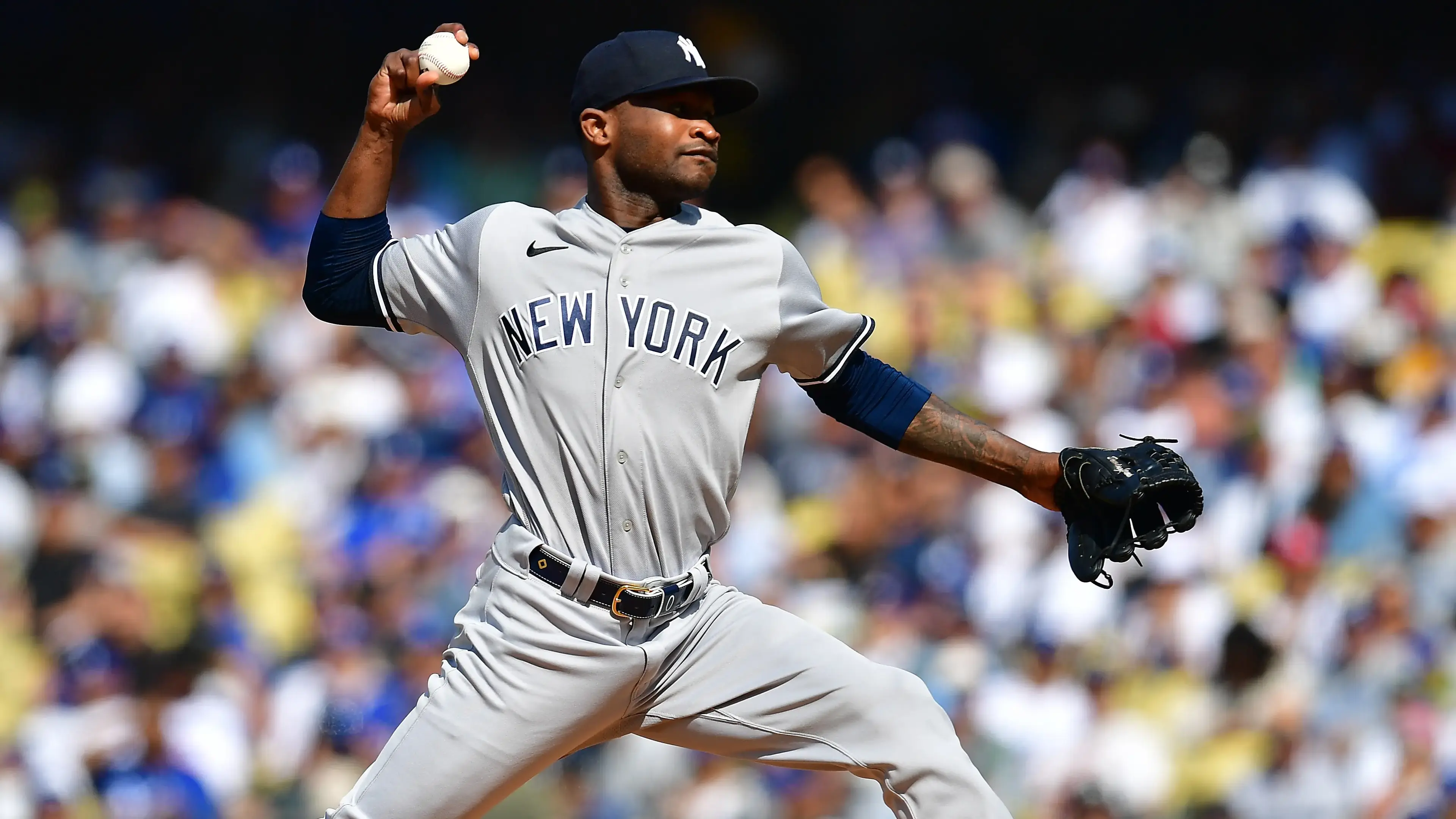 New York Yankees starting pitcher Domingo German (0) throws against the Los Angeles Dodgers during the first inning at Dodger Stadium / Gary A. Vasquez - USA TODAY Sports