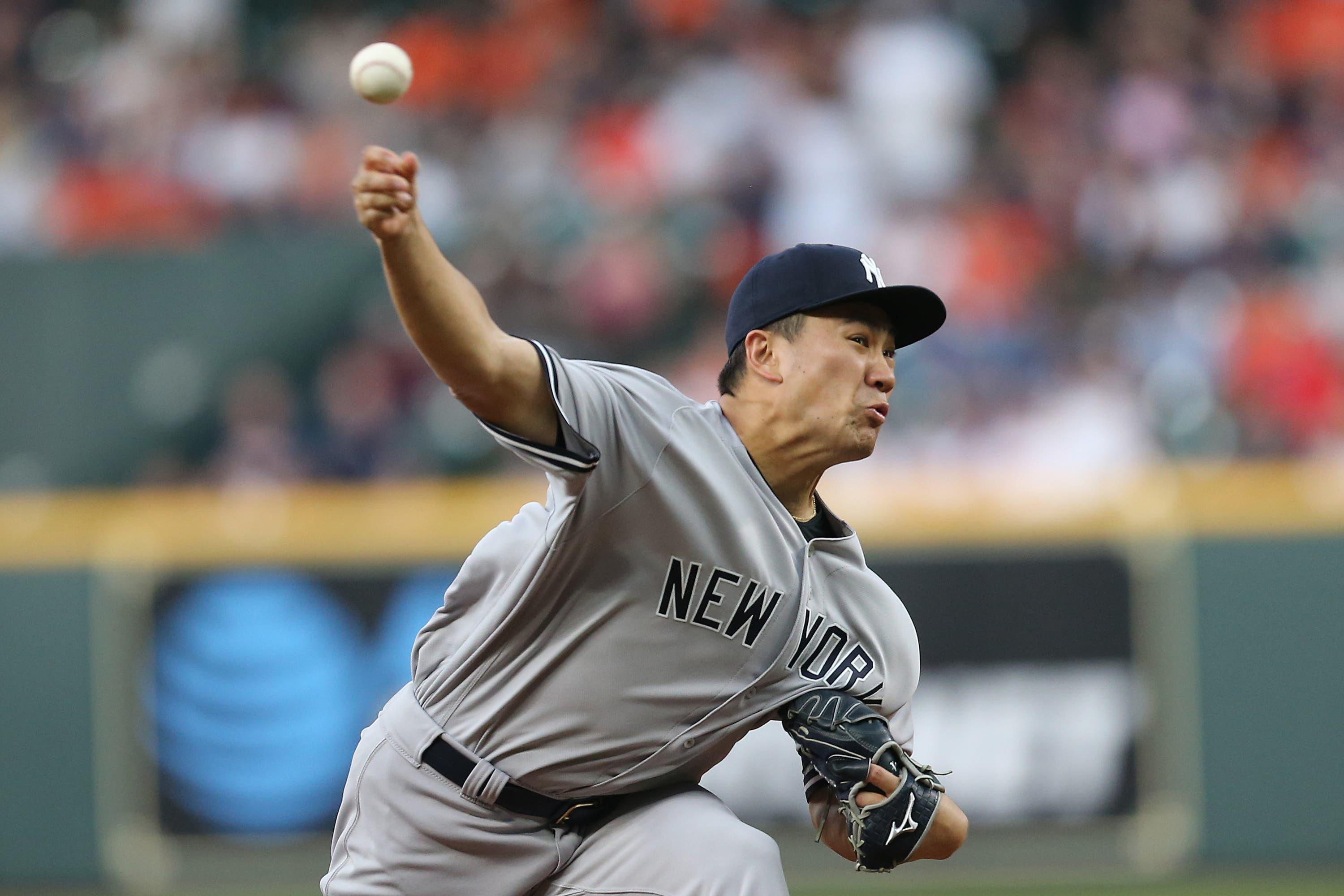 Apr 8, 2019; Houston, TX, USA; New York Yankees starting pitcher Masahiro Tanaka (19) pitches against the Houston Astros in the fourth inning at Minute Maid Park. Mandatory Credit: Thomas B. Shea-USA TODAY Sports / Thomas Shea