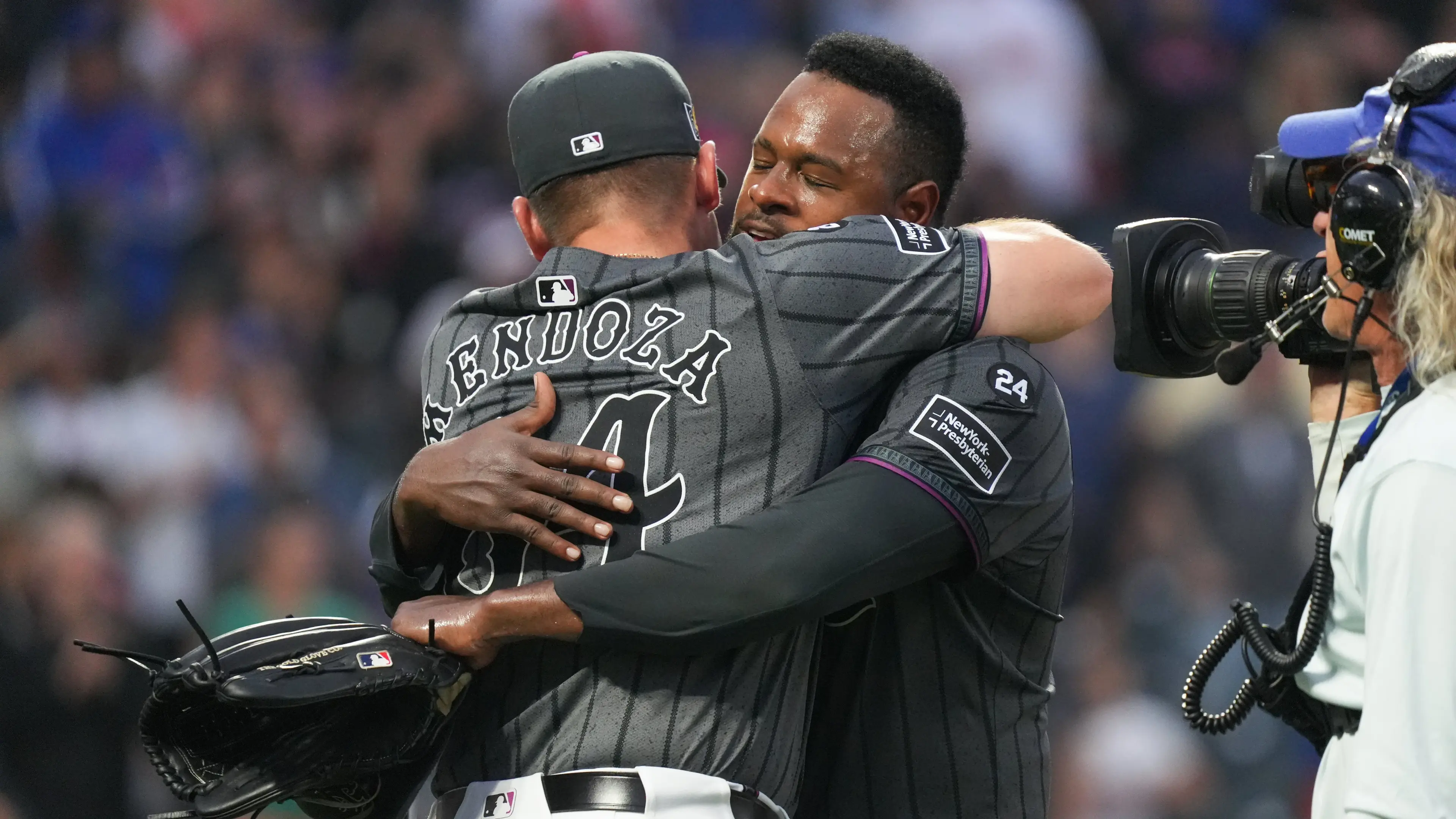 Aug 17, 2024; New York City, New York, USA; New York Mets pitcher Luis Severino (40) celebrates with New York Mets manager Carlos Mendoza after pitching a shutout against the Miami Marlins at Citi Field. / Lucas Boland - USA TODAY Sports