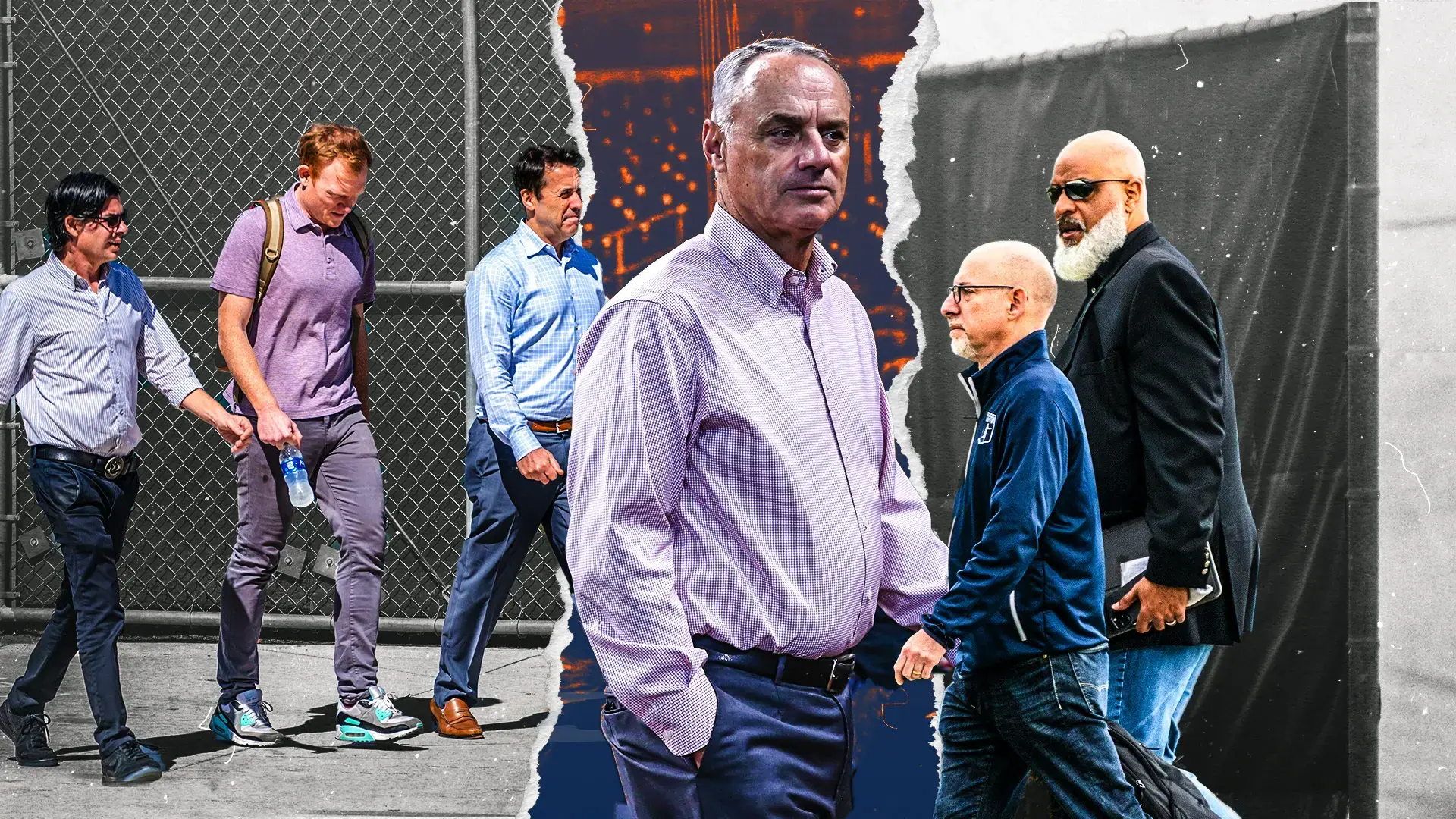 Rob Manfred, surrounded by MLB and MLBPA negotiators / USA TODAY Sports/SNY Treated Image