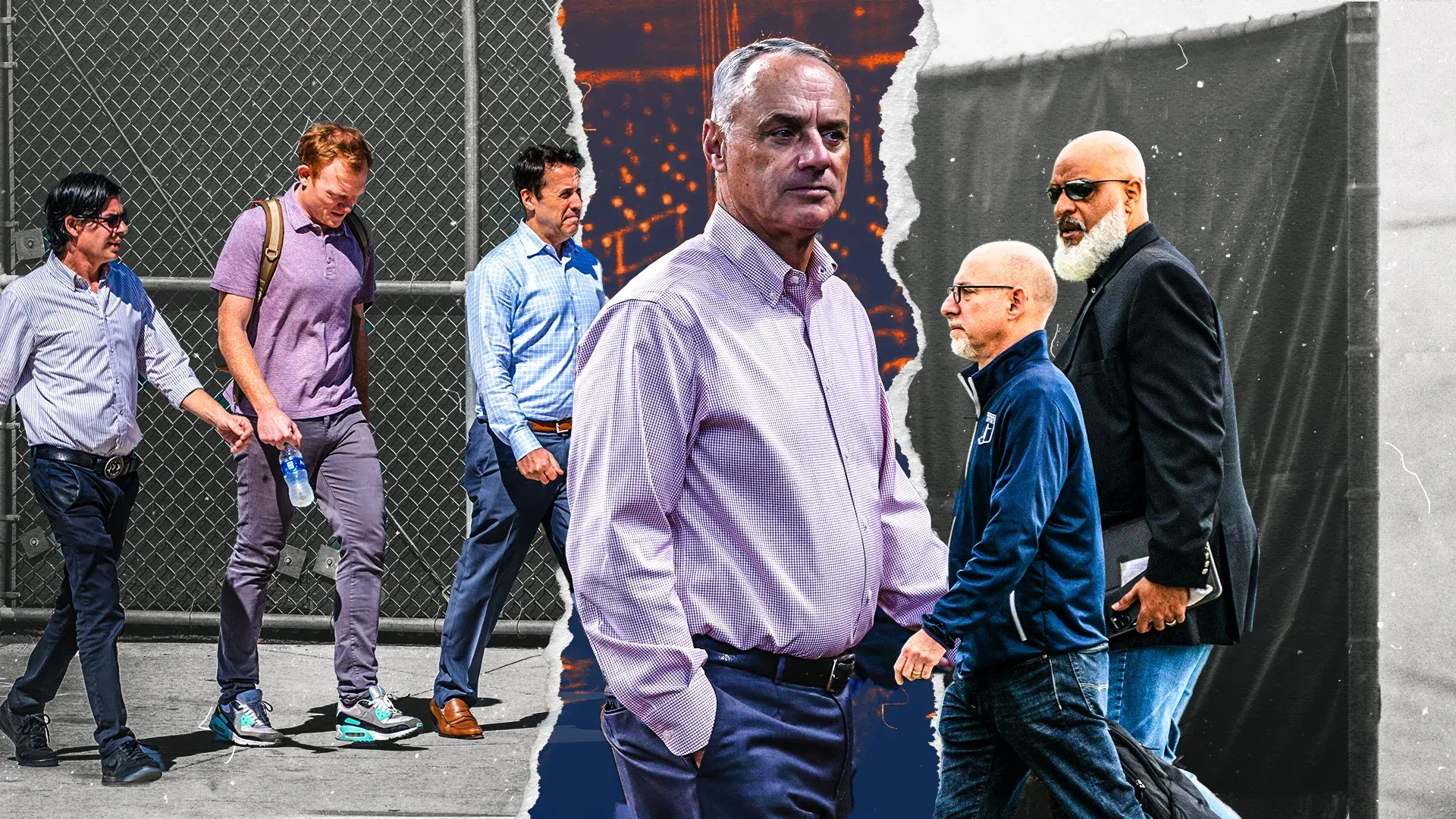 Rob Manfred, surrounded by MLB and MLBPA negotiators / USA TODAY Sports/SNY Treated Image