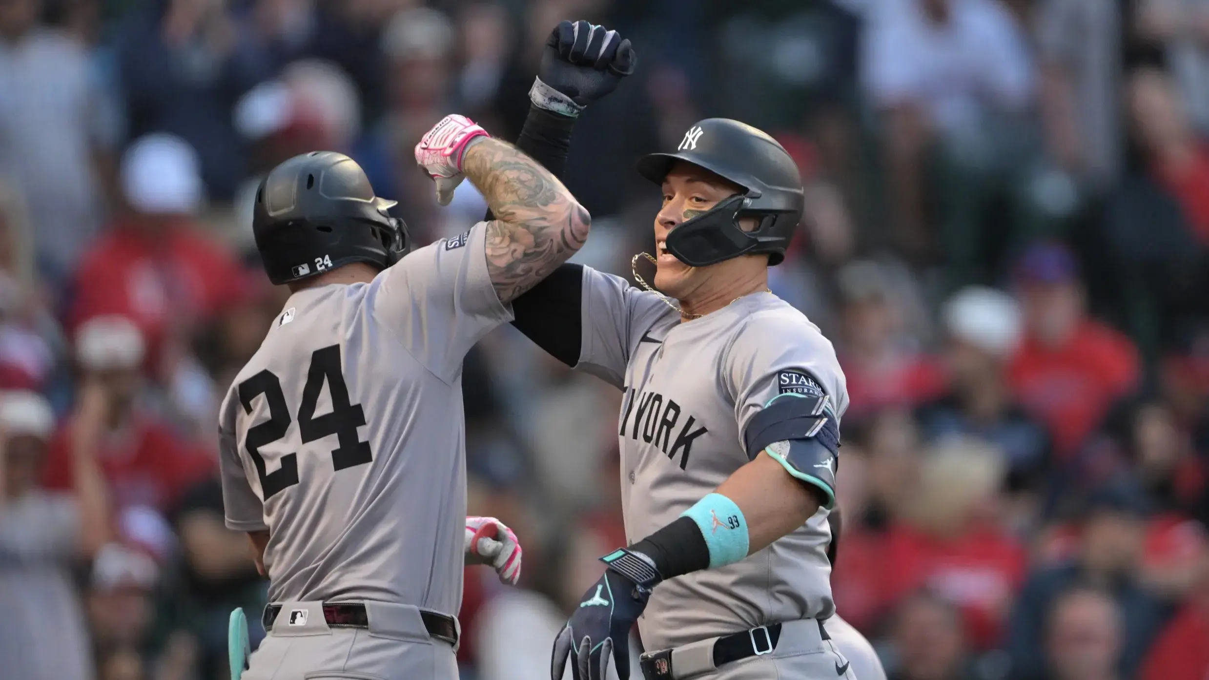 May 30, 2024; Anaheim, California, USA; New York Yankees center fielder Aaron Judge (99) is congratulated by left fielder Alex Verdugo (24) after hitting a two-run home run in the fourth inning against the Los Angeles Angels at Angel Stadium. / Jayne Kamin-Oncea-USA TODAY Sports