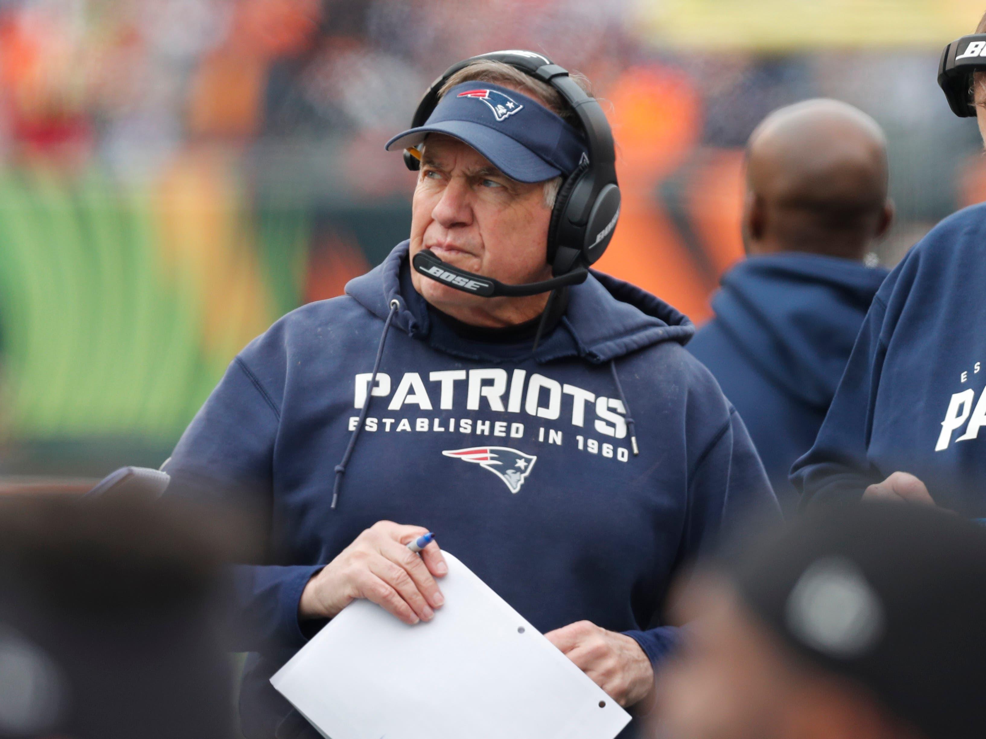 Dec 15, 2019; Cincinnati, OH, USA; New England Patriots head coach Bill Belichick watches during the first half against the Cincinnati Bengals at Paul Brown Stadium. Mandatory Credit: David Kohl-USA TODAY Sports / David Kohl