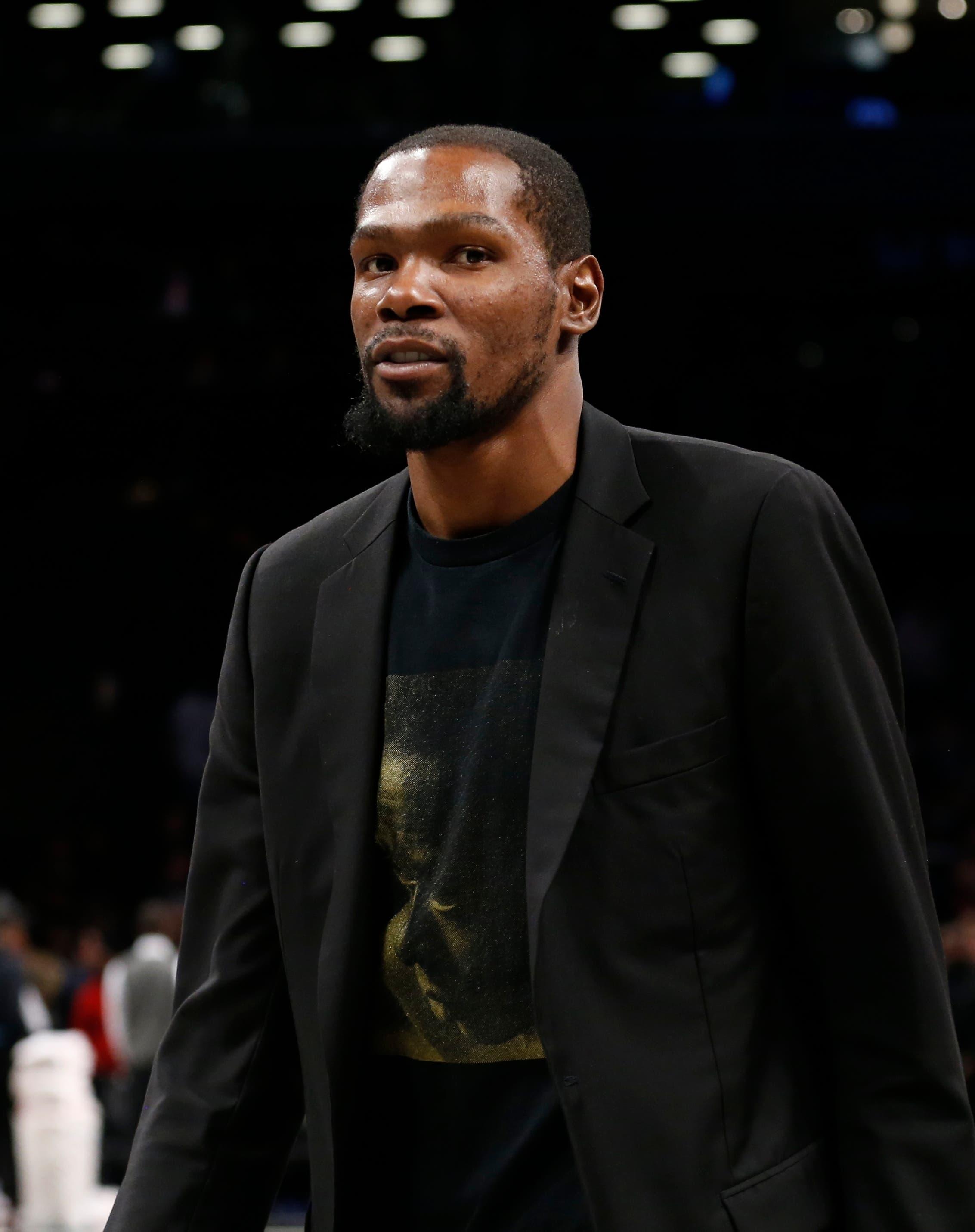 Jan 7, 2020; Brooklyn, New York, USA; Brooklyn Nets forward Kevin Durant (7) after the game against the Oklahoma City Thunder at Barclays Center. Mandatory Credit: Nicole Sweet-USA TODAY Sports / Nicole Sweet