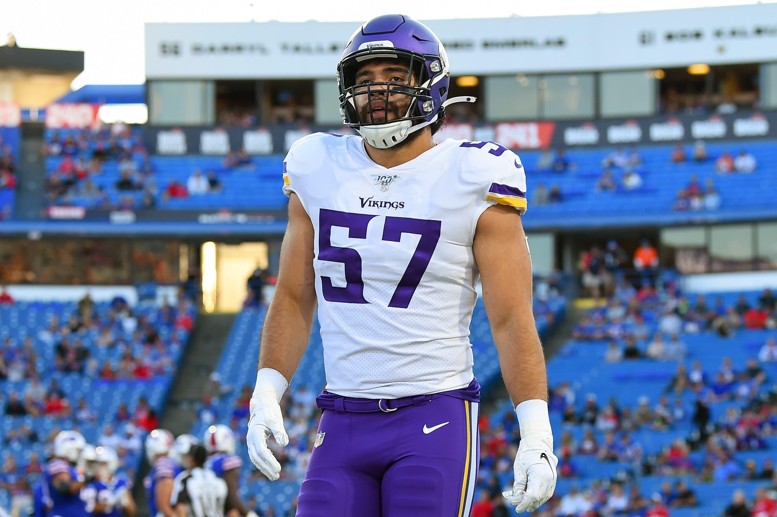 Aug 29, 2019; Orchard Park, NY, USA; Minnesota Vikings linebacker Devante Downs (57) walks off the field against the Buffalo Bills during the first quarter at New Era Field. Mandatory Credit: Rich Barnes-USA TODAY Sports / Rich Barnes