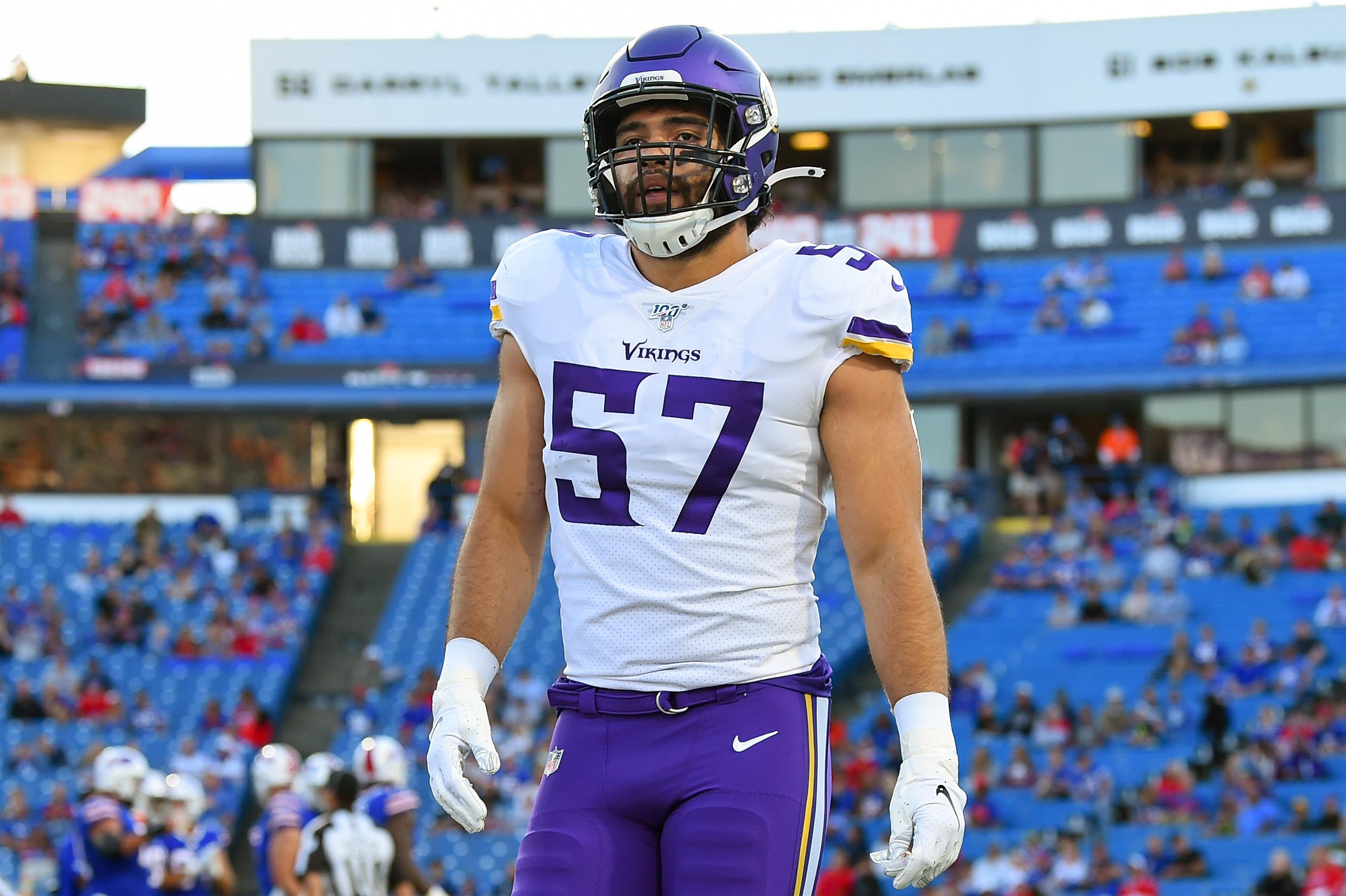 Aug 29, 2019; Orchard Park, NY, USA; Minnesota Vikings linebacker Devante Downs (57) walks off the field against the Buffalo Bills during the first quarter at New Era Field. Mandatory Credit: Rich Barnes-USA TODAY Sports