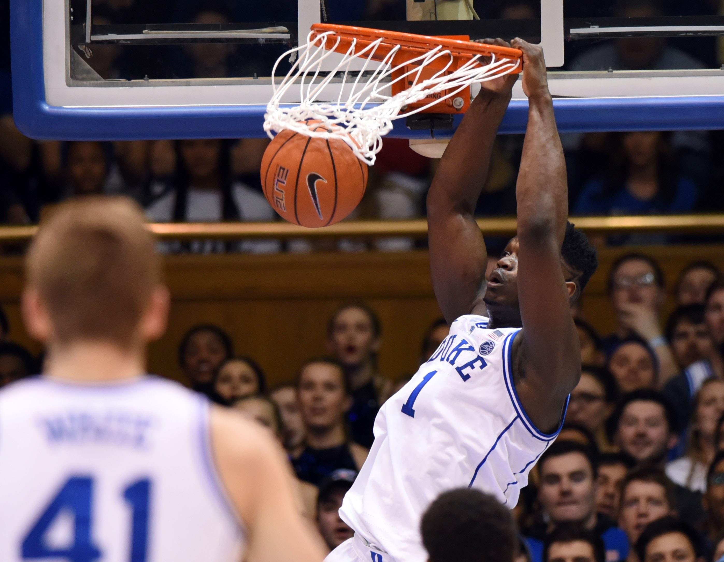 Feb 16, 2019; Durham, NC, USA; Duke Blue Devils forward Zion Williamson (1) dunks during the first half against the North Carolina State Wolfpack at Cameron Indoor Stadium. Mandatory Credit: Rob Kinnan-USA TODAY Sports / Rob Kinnan