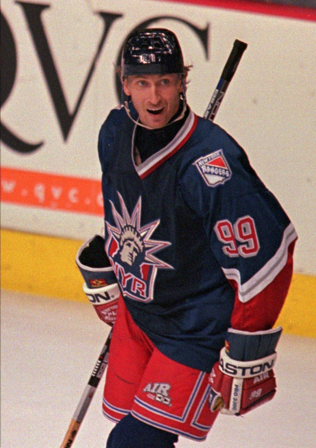 New York Rangers Wayne Gretzky reacts after scoring his third goal for a hat trick during the third period against the Philadelphia Flyers Sunday, May 18, 1997. The Rangers won 5-4 and tied the series 1-1.(AP Photo/Joe Hampshire) / AP