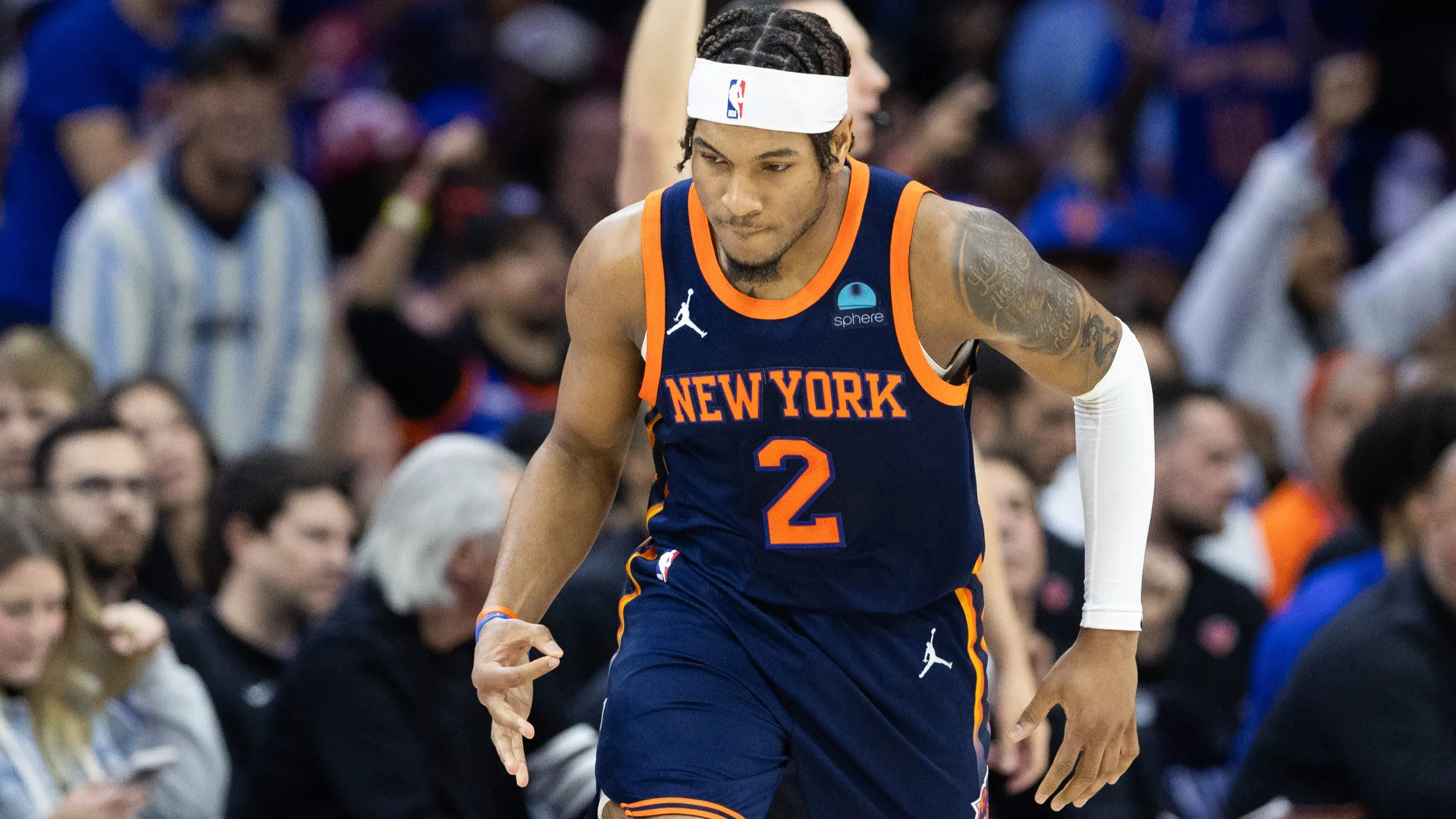 Apr 28, 2024; Philadelphia, Pennsylvania, USA; New York Knicks guard Miles McBride (2) reacts to his three pointer against the Philadelphia 76ers during the first half of game four of the first round in the 2024 NBA playoffs at Wells Fargo Center. Mandatory Credit: Bill Streicher-Imagn Images / © Bill Streicher-Imagn Images