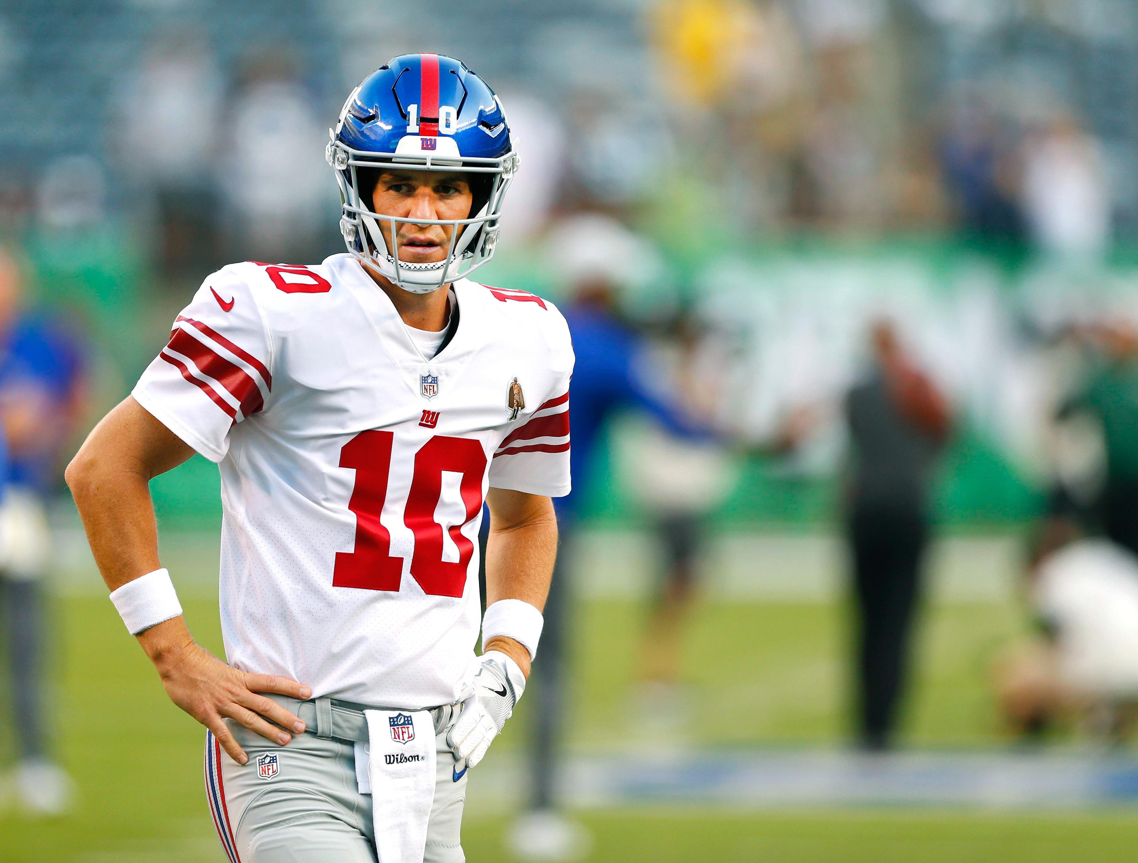 Aug 24, 2018; East Rutherford, NJ, USA; New York Giants quarterback Eli Manning (10) during pre game warm up at MetLife Stadium. Mandatory Credit: Noah K. Murray-USA TODAY Sports / Noah K. Murray