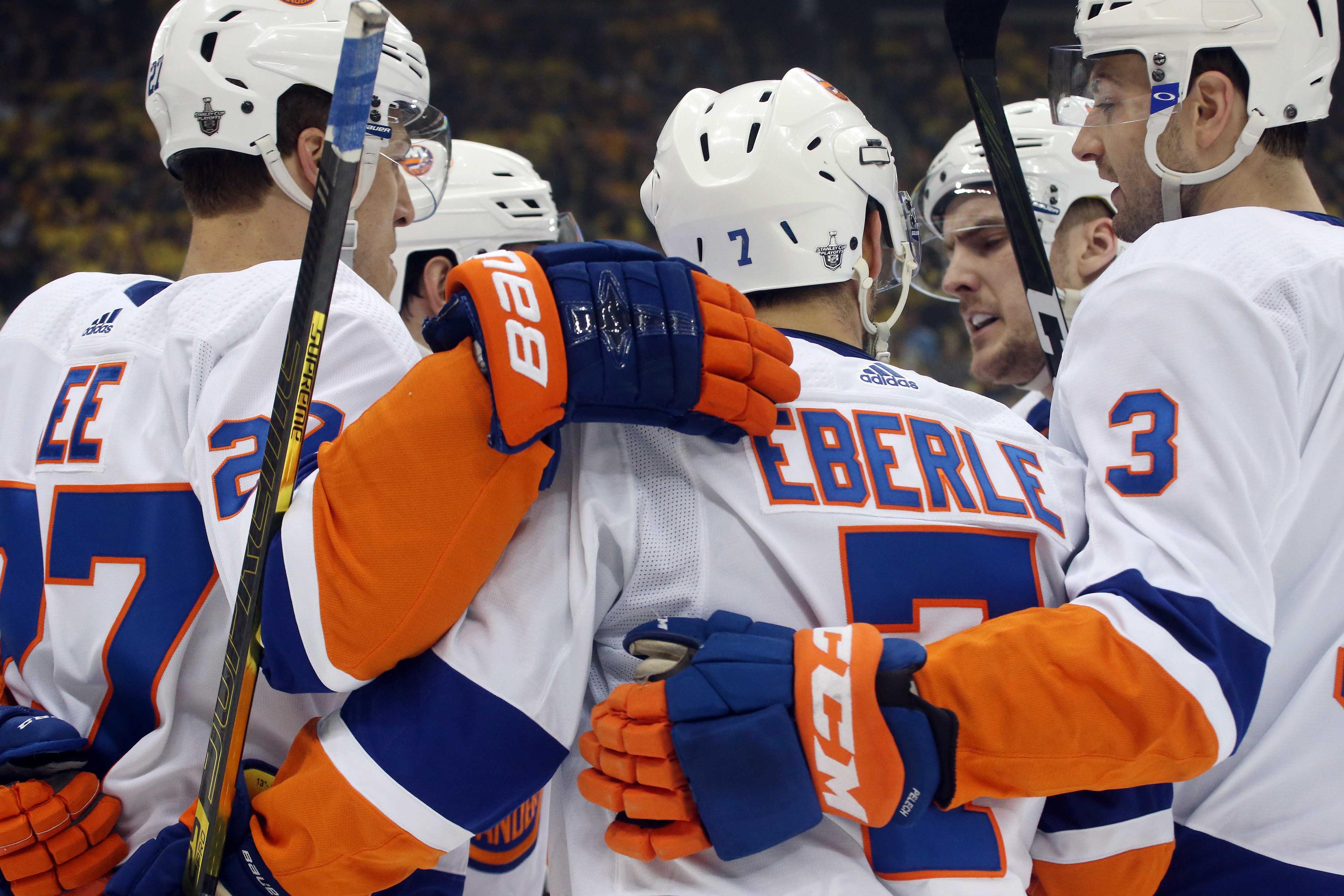 Apr 14, 2019; Pittsburgh, PA, USA; The New York Islanders celebrate a goal by right wing Jordan Eberle (7) against the Pittsburgh Penguins during the first period in game three of the first round of the 2019 Stanley Cup Playoffs at PPG PAINTS Arena. Mandatory Credit: Charles LeClaire-USA TODAY Sports / Charles LeClaire