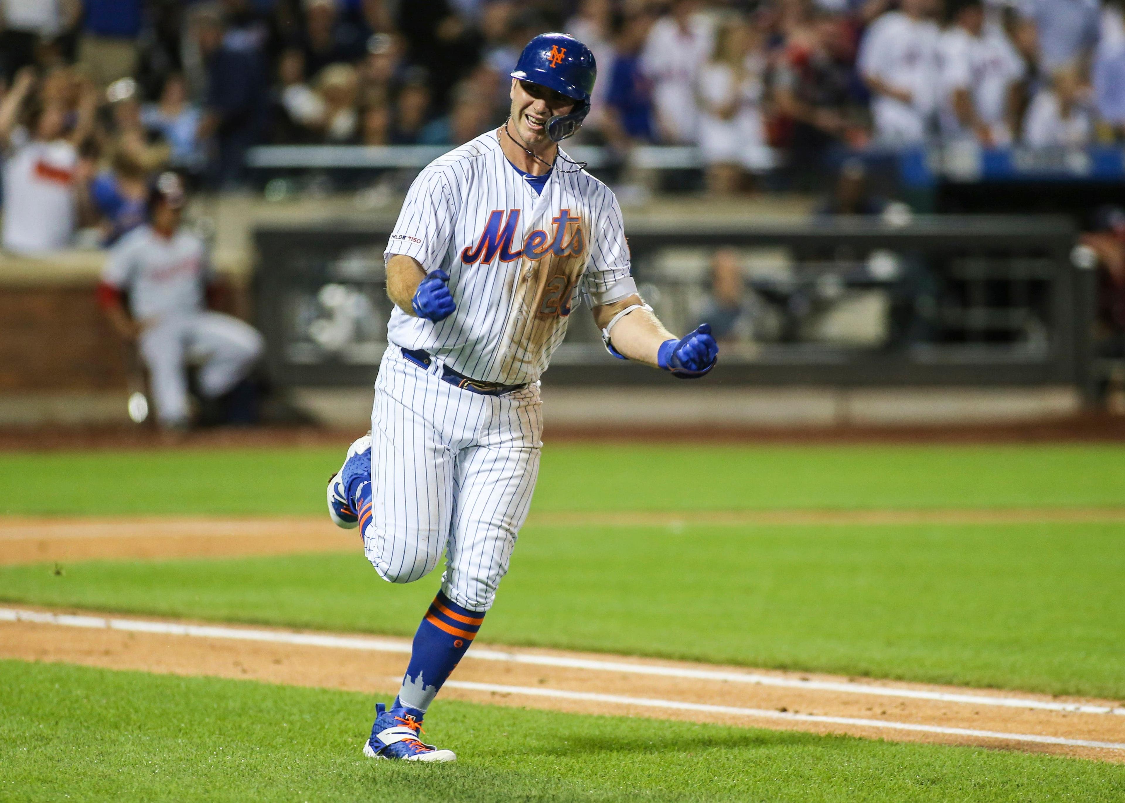 Aug 9, 2019; New York City, NY, USA; New York Mets first baseman Pete Alonso (20) reacts after hitting a two run home run in the fourth inning against the Washington Nationals at Citi Field. Mandatory Credit: Wendell Cruz-USA TODAY Sports / Wendell Cruz