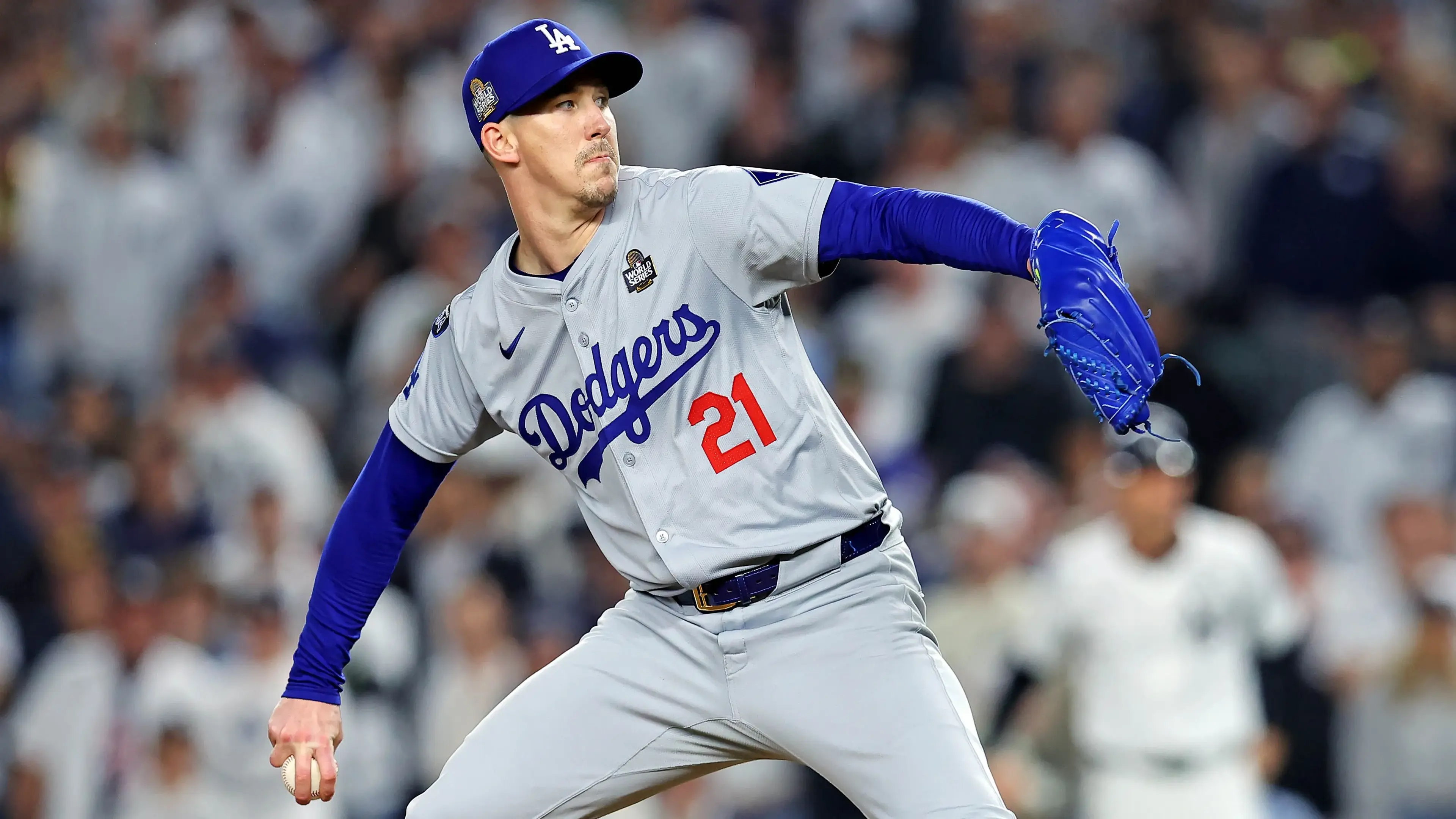 Oct 30, 2024; New York, New York, USA; Los Angeles Dodgers pitcher Walker Buehler (21) pitches during the ninth inning against the New York Yankees in game four of the 2024 MLB World Series at Yankee Stadium. / Mandatory Credit: Brad Penner-Imagn Images