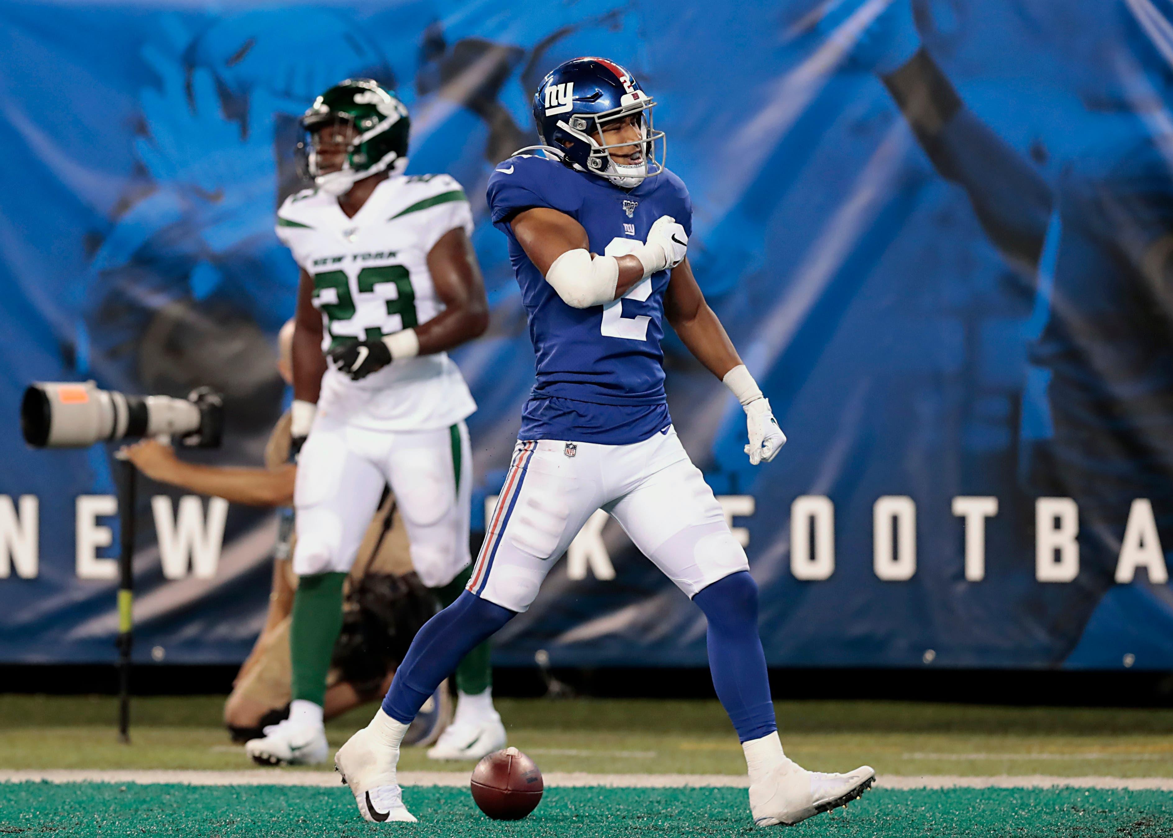 Aug 8, 2019; East Rutherford, NJ, USA; New York Giants wide receiver TJ Jones (2) celebrates after scoring a touchdown against the New York Jets during the second half at MetLife Stadium. Mandatory Credit: Vincent Carchietta-USA TODAY Sports / Vincent Carchietta