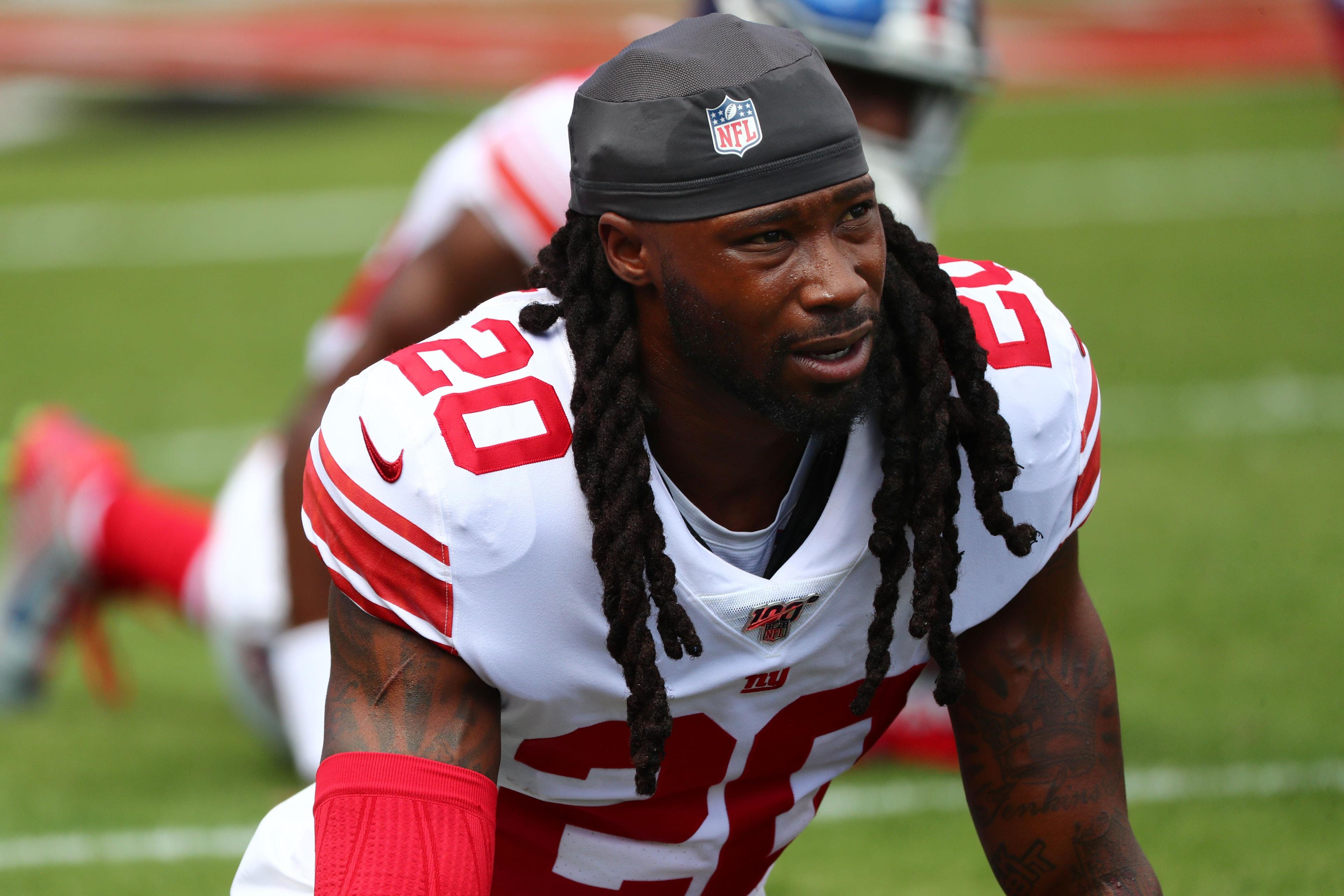 Sep 22, 2019; Tampa, FL, USA; New York Giants cornerback Janoris Jenkins (20) works out before a game against the Tampa Bay Buccaneers at Raymond James Stadium. Mandatory Credit: Kim Klement-USA TODAY Sports / Kim Klement