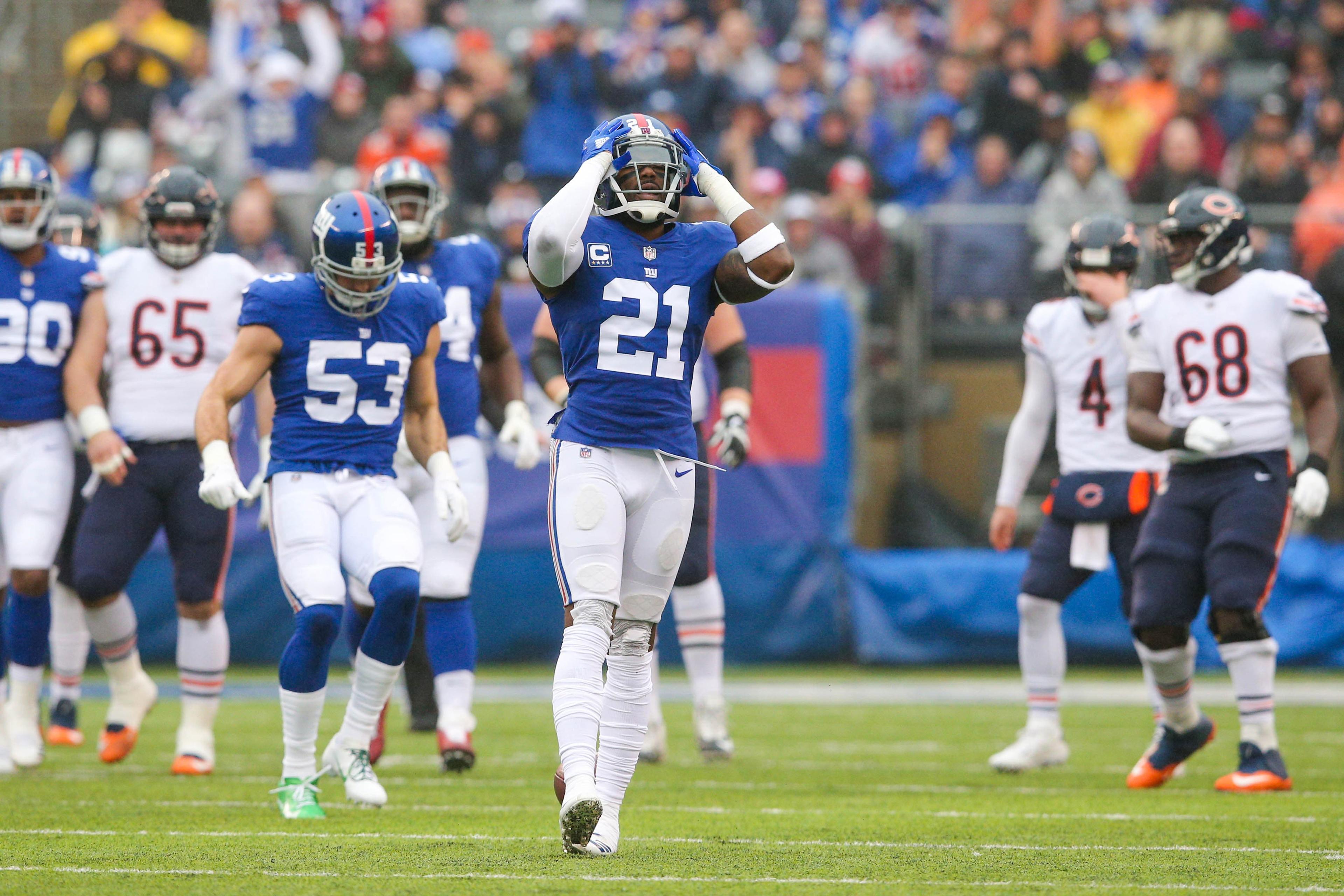 Dec 2, 2018; East Rutherford, NJ, USA; New York Giants safety Landon Collins (21) reacts after being called for pass interference during the first quarter against the Chicago Bears at MetLife Stadium. Mandatory Credit: Brad Penner-USA TODAY Sports / Brad Penner