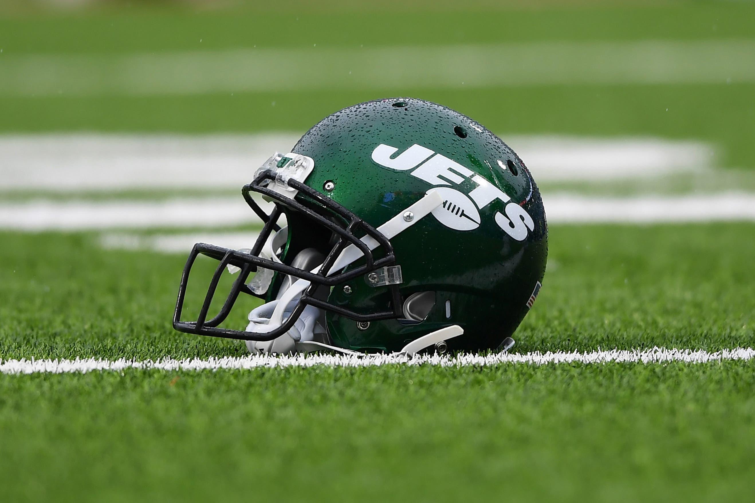 Dec 29, 2019; Orchard Park, New York, USA; General view of a New York Jets helmet prior to the game against the Buffalo Bills at New Era Field. Mandatory Credit: Rich Barnes-USA TODAY Sports / Rich Barnes