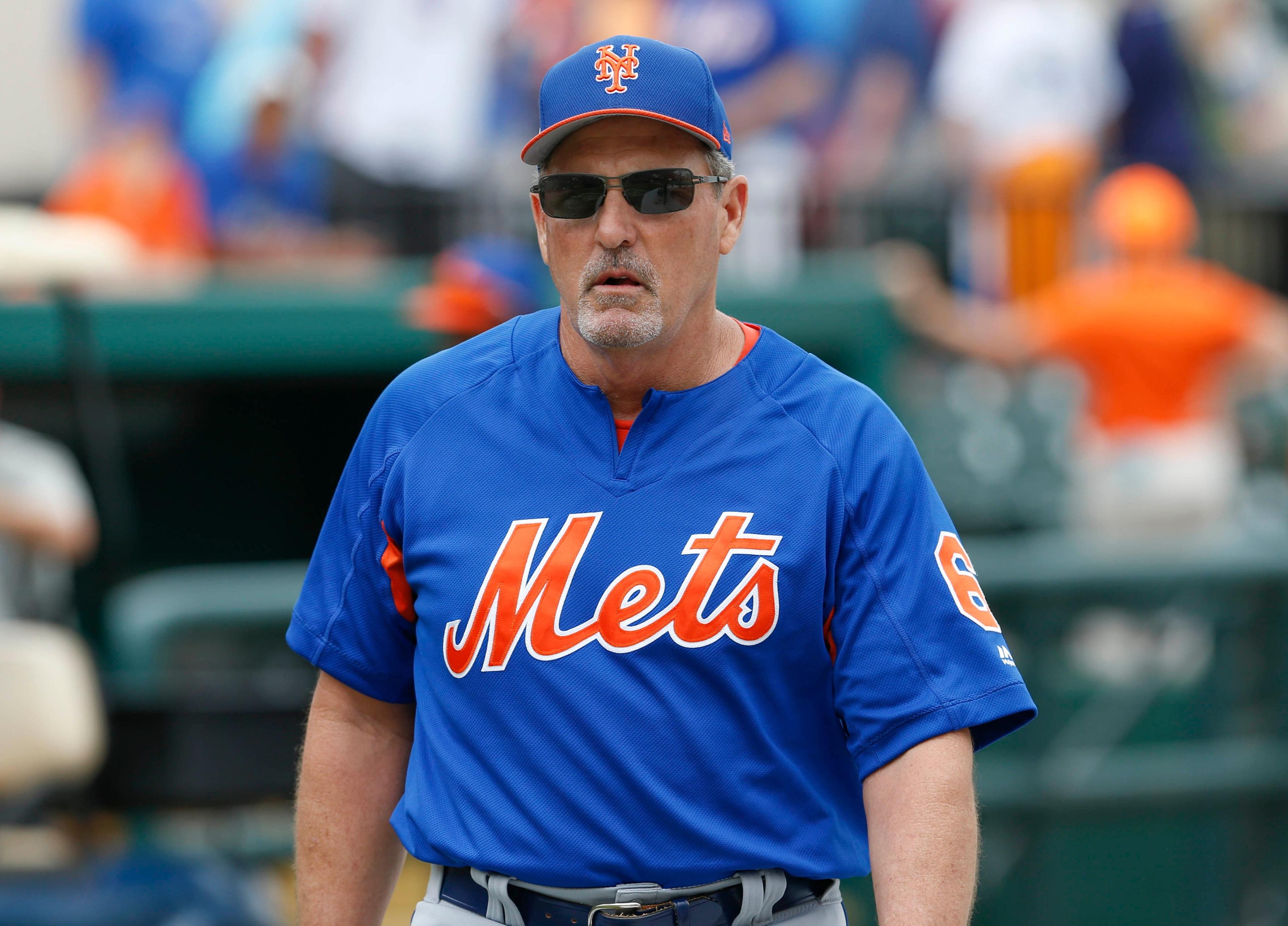 Mar 12, 2017; Lakeland, FL, USA; New York Mets assistant hitting coach Pat Roessler (6) walks to the dugout during pre game warmups of an MLB spring training baseball game against the Detroit Tigers at Joker Marchant Stadium. Mandatory Credit: Reinhold Matay-USA TODAY Sports / Reinhold Matay