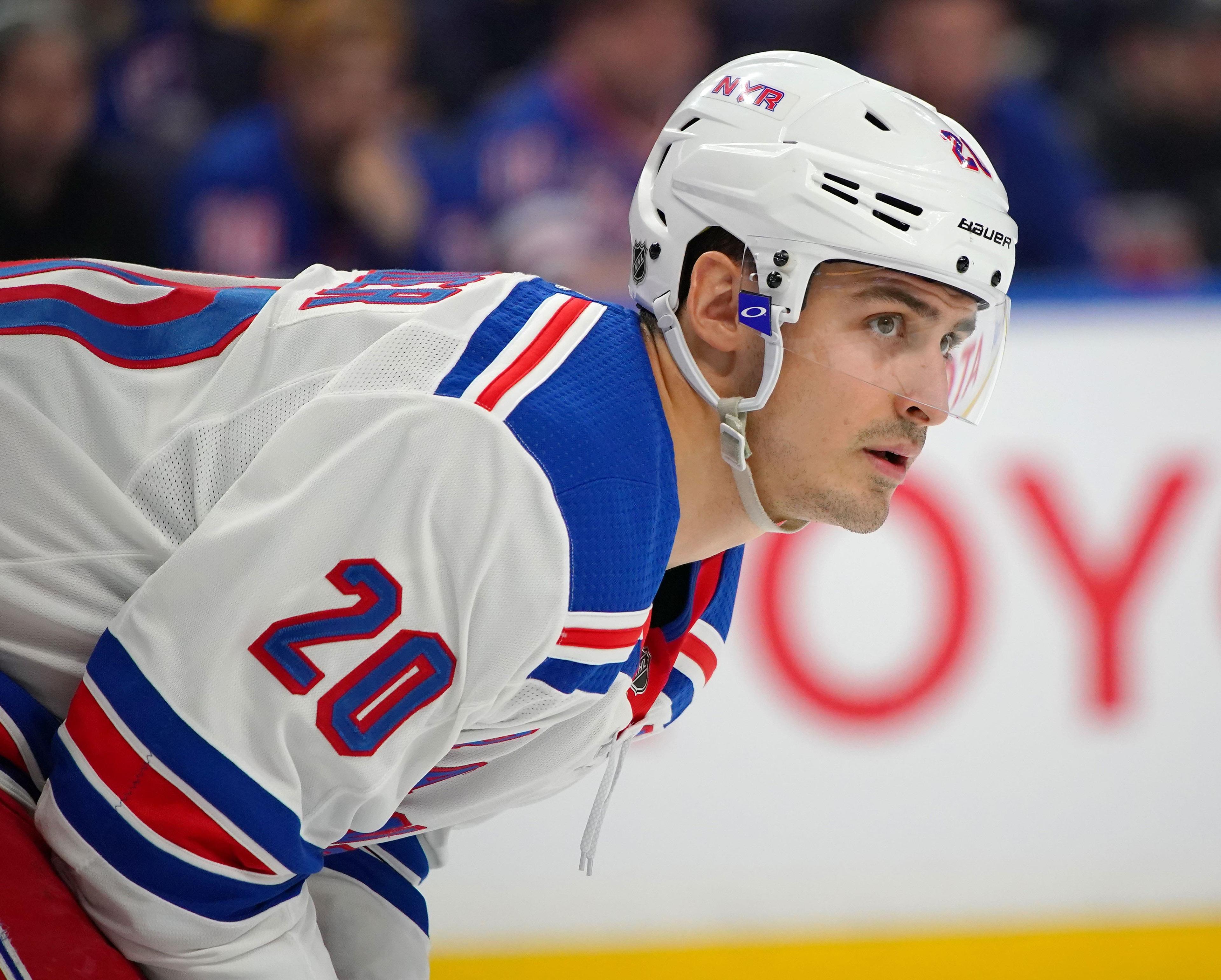 Feb 15, 2019; Buffalo, NY, USA; New York Rangers left wing Chris Kreider (20) during the game against the Buffalo Sabres at KeyBank Center. Mandatory Credit: Kevin Hoffman-USA TODAY Sports / Kevin Hoffman