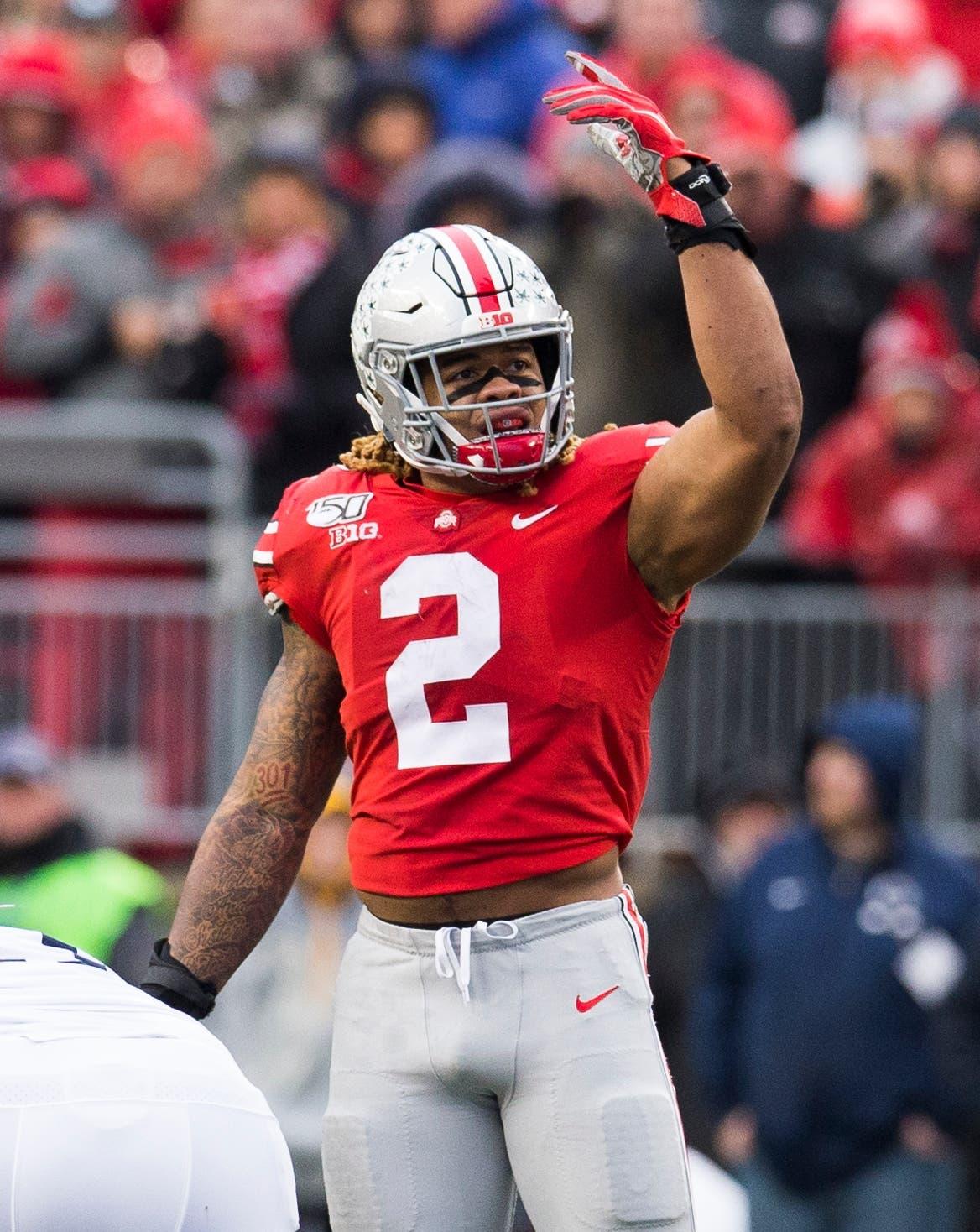 Nov 23, 2019; Columbus, OH, USA; Ohio State Buckeyes defensive end Chase Young (2) fires up the home fans during the second half against the Penn State Nittany Lions at Ohio Stadium. Mandatory Credit: Greg Bartram-USA TODAY Sportsundefined