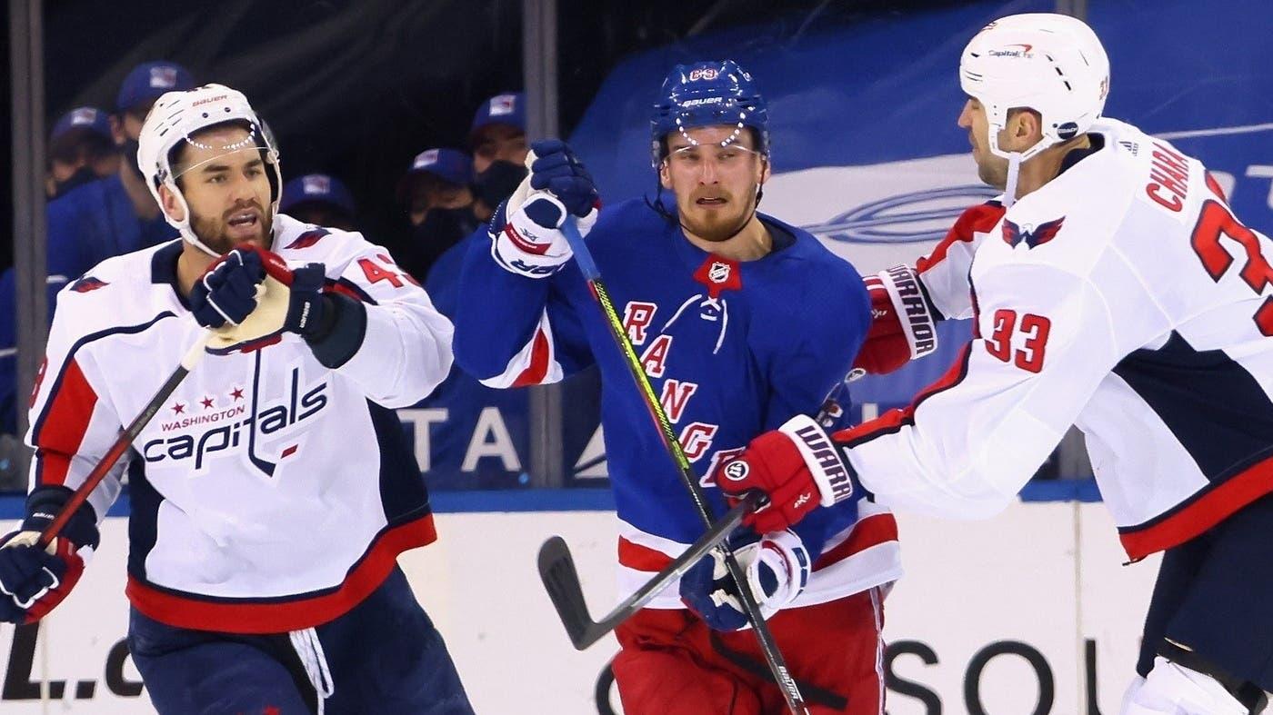 May 5, 2021; New York, New York, USA; Pavel Buchnevich #89 of the New York Rangers skates against Tom Wilson #43 and Zdeno Chara #33 of the Washington Capitals during the first period at Madison Square Garden. / Bruce Bennett/POOL PHOTOS-USA TODAY Sports