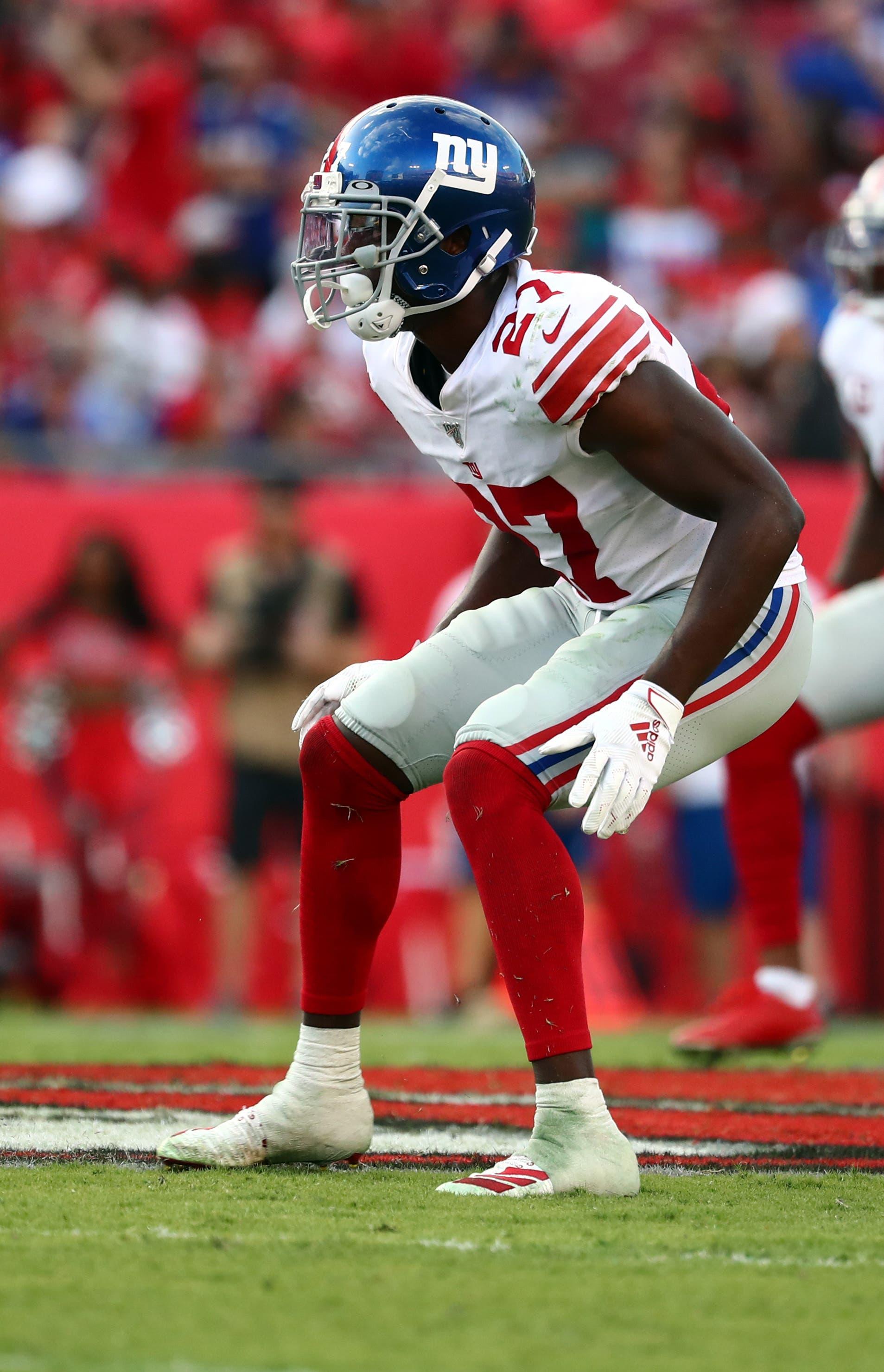 Sep 22, 2019; Tampa, FL, USA; New York Giants cornerback Deandre Baker (27) during the second half at Raymond James Stadium. Mandatory Credit: Kim Klement-USA TODAY Sports / Kim Klement