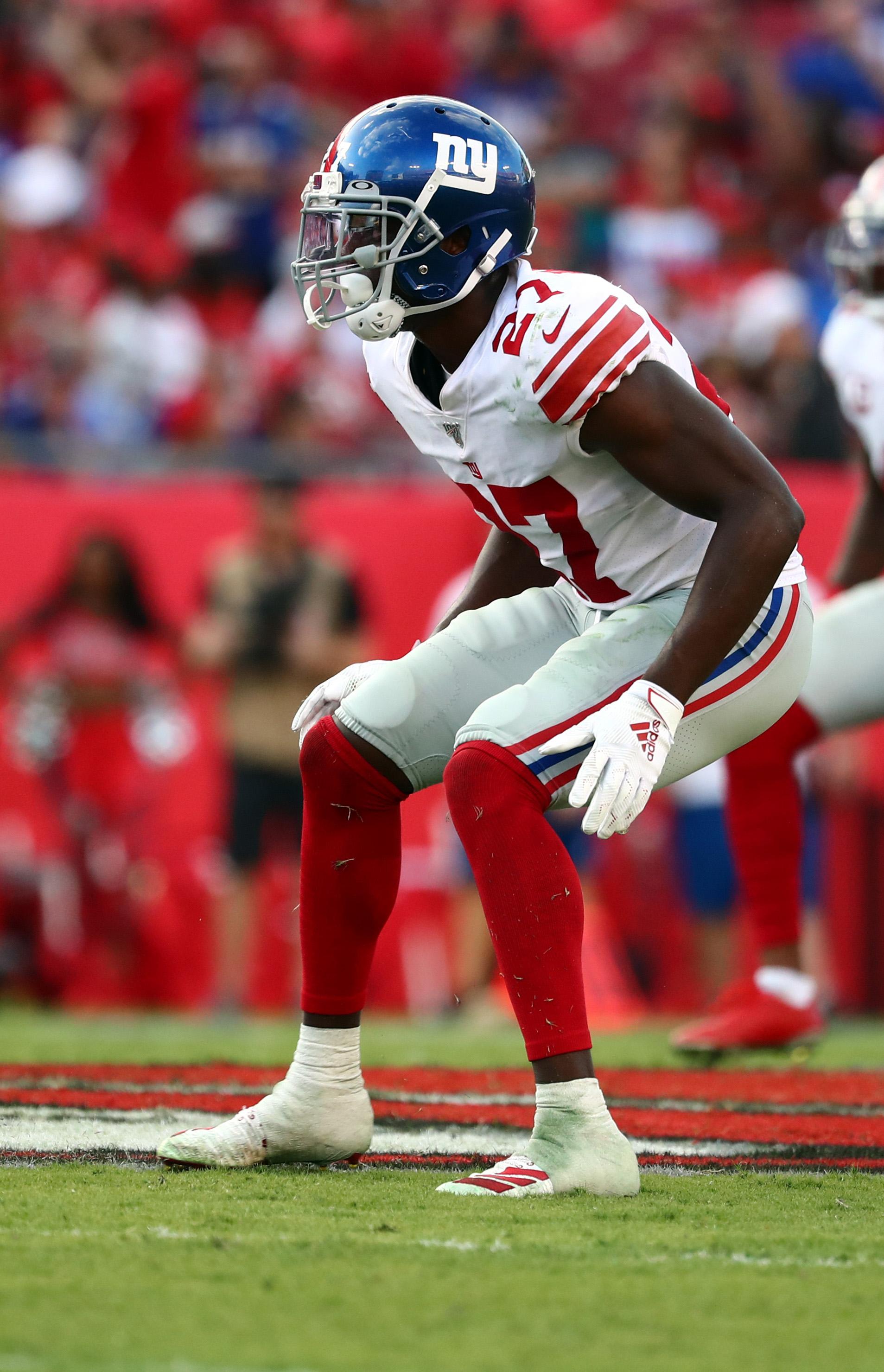 Sep 22, 2019; Tampa, FL, USA; New York Giants cornerback Deandre Baker (27) during the second half at Raymond James Stadium. Mandatory Credit: Kim Klement-USA TODAY Sports