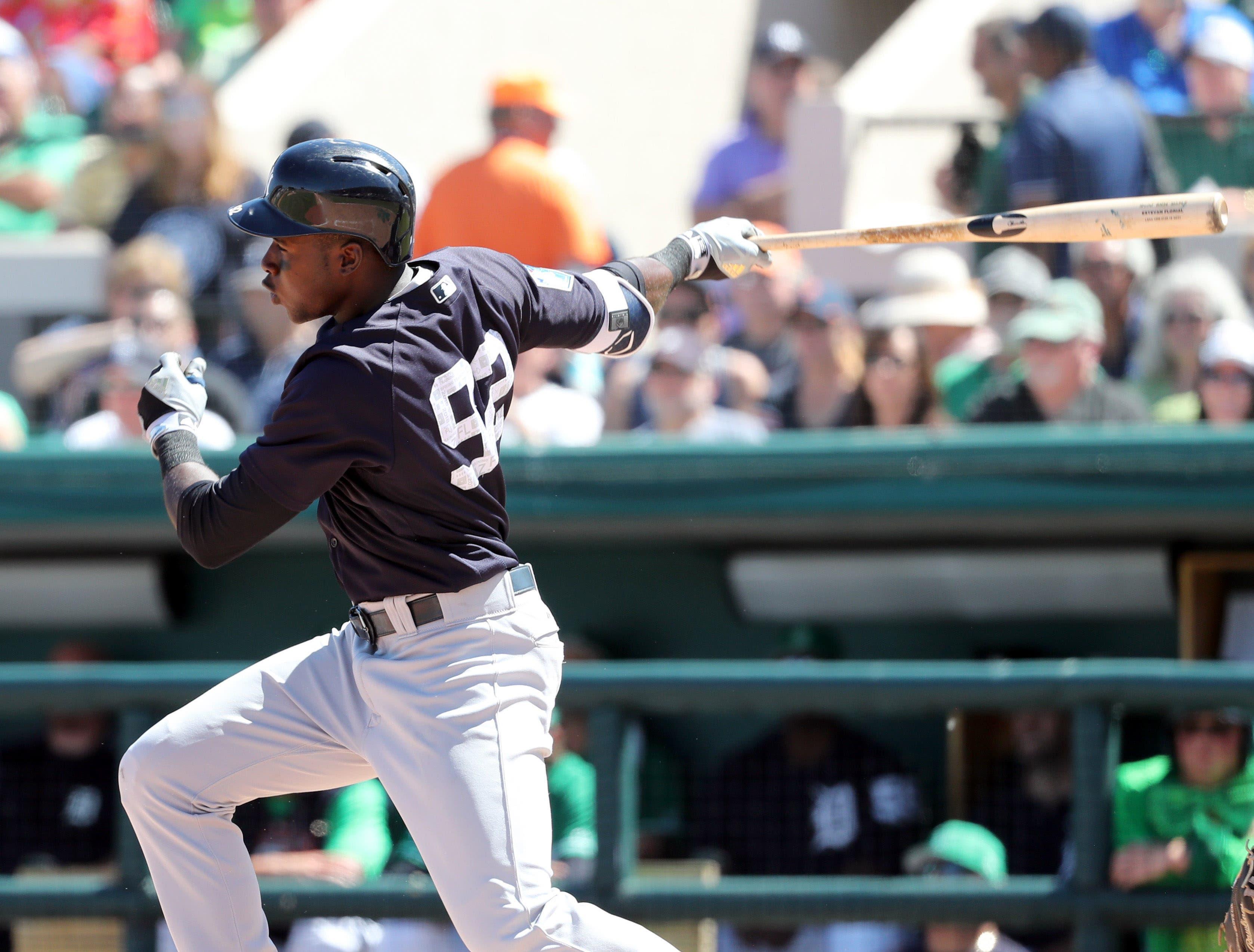 New York Yankees right fielder Estevan Florial hits an RBI single during the fourth inning against the Detroit Tigers at Publix Field at Joker Marchant Stadium. / Kim Klement/USA TODAY Sports