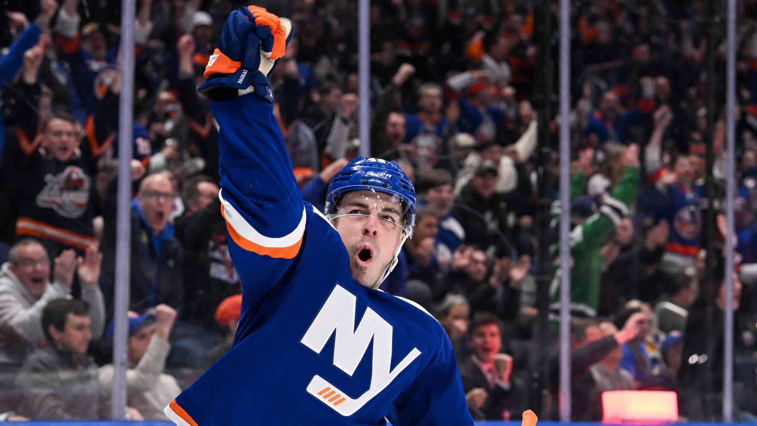 Mar 5, 2024; Elmont, New York, USA; New York Islanders center Jean-Gabriel Pageau (44) celebrates a goal during the second period against the St. Louis Blues at UBS Arena. / Dennis Schneidler-USA TODAY Sports