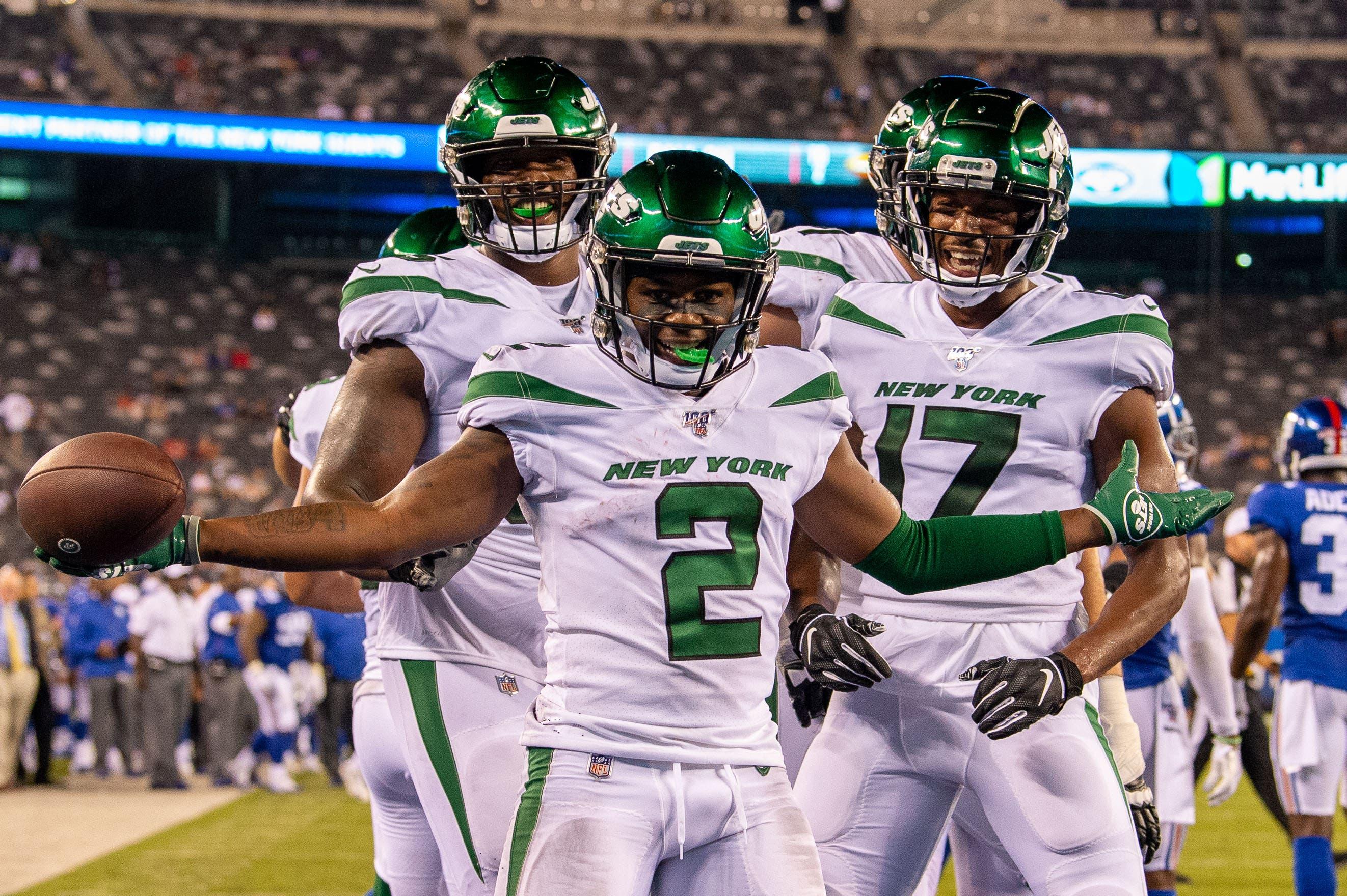 Aug 8, 2019; East Rutherford, NJ, USA; New York Jets wide receiver Greg Dortch (2) celebrates his touchdown against the New York Giants during the second half at MetLife Stadium. / Dennis Schneidler/USA TODAY Sports