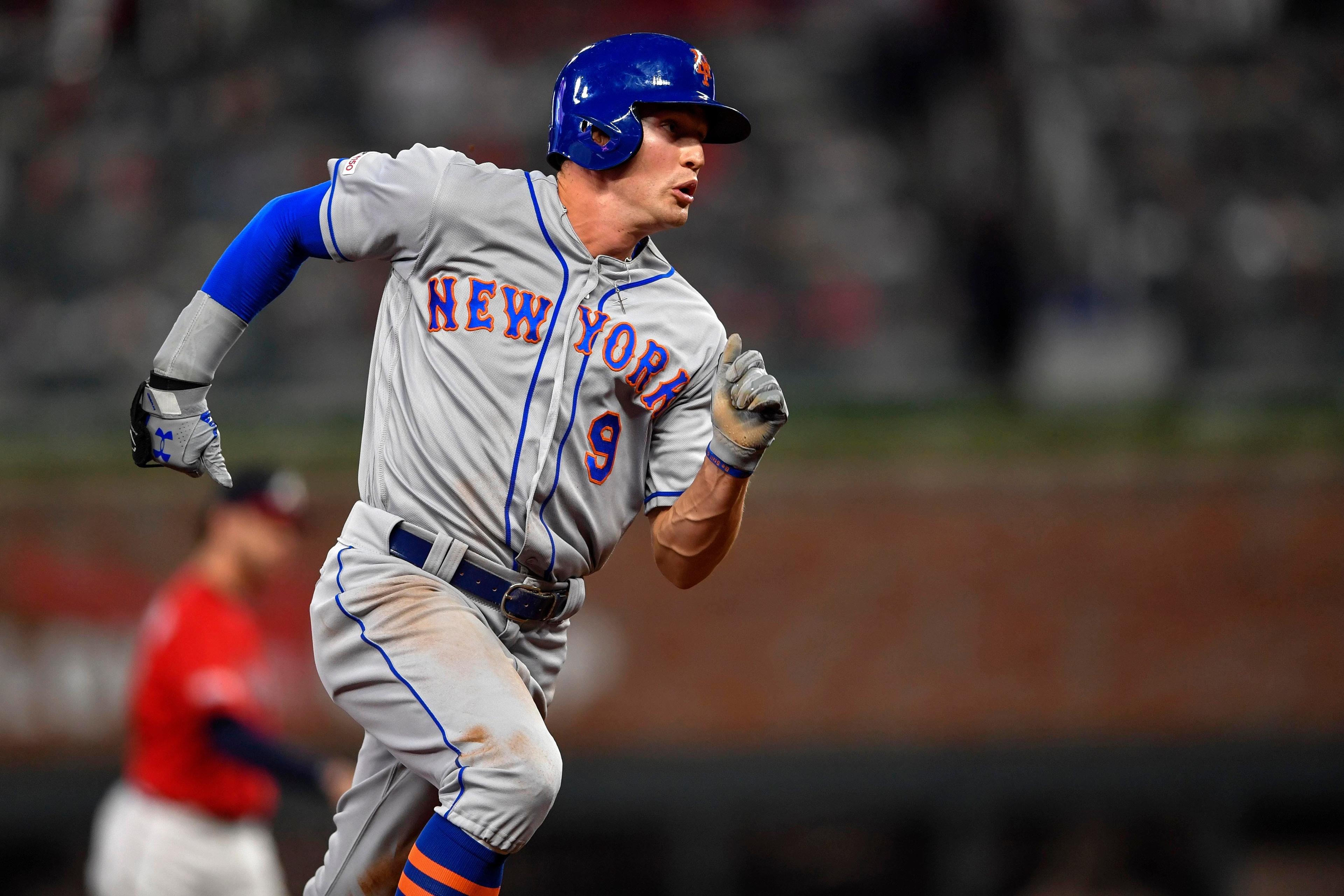 Apr 12, 2019; Atlanta, GA, USA; New York Mets Brandon Nimmo (9) runs the bases before scoring against the Atlanta Braves during the fourth inning at SunTrust Park. Mandatory Credit: Dale Zanine-USA TODAY Sports / Dale Zanine